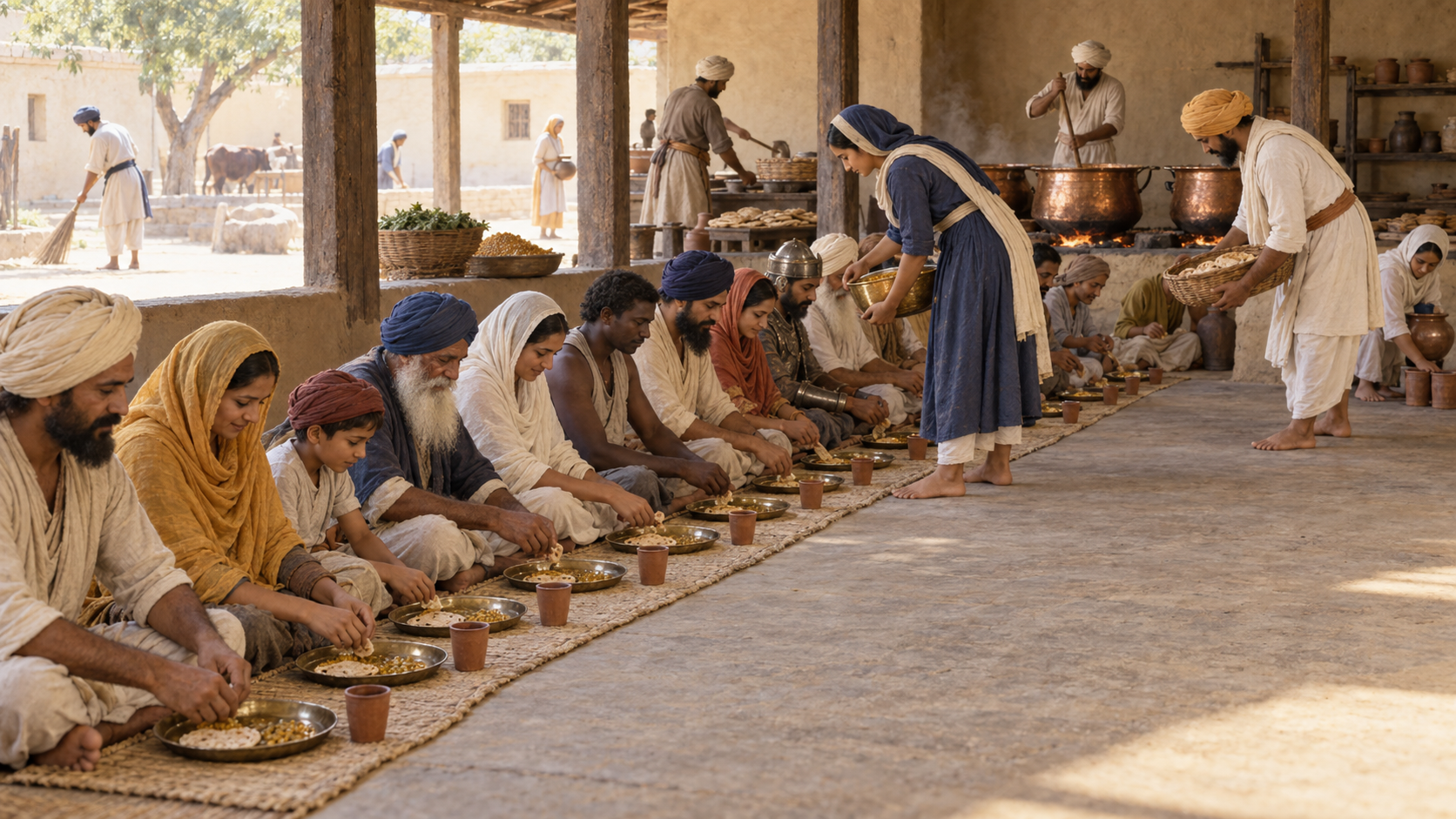 Women and men from varied backgrounds sit in one equal row while volunteers serve a communal meal in a sixteenth-century Punjabi langar hall.