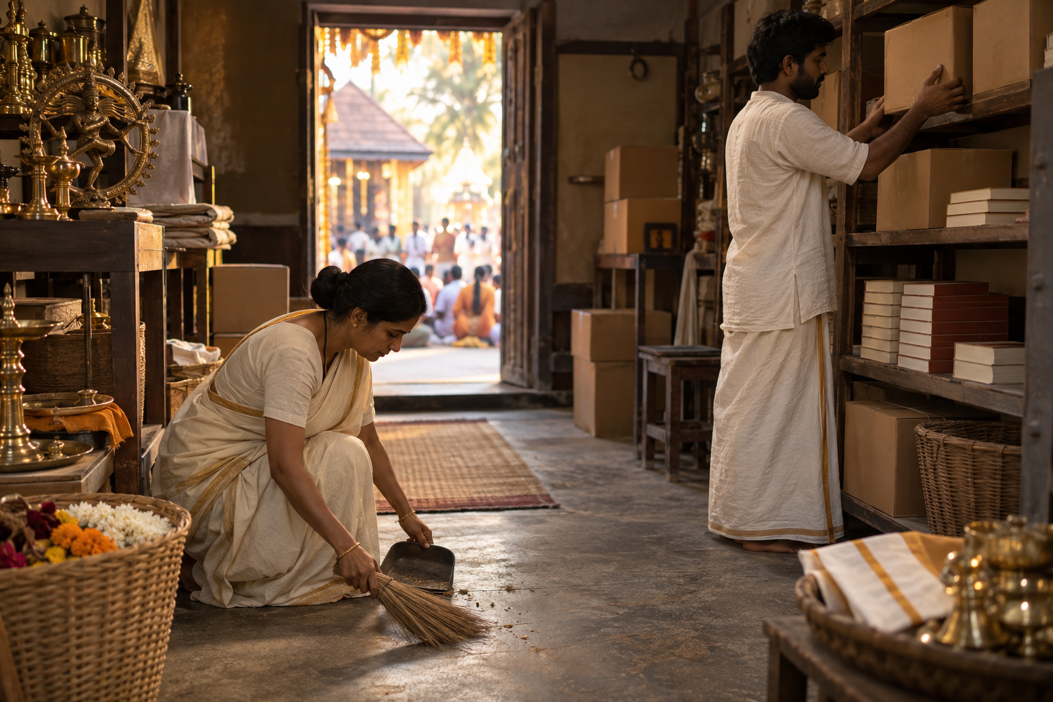 Devotees quietly sort supplies and clean a storeroom while a public gathering is visible through a distant doorway.