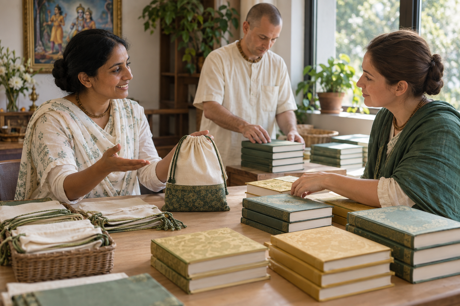 Two devotees discuss a completed cloth bag and an orderly arrangement of sacred books during a service handoff.