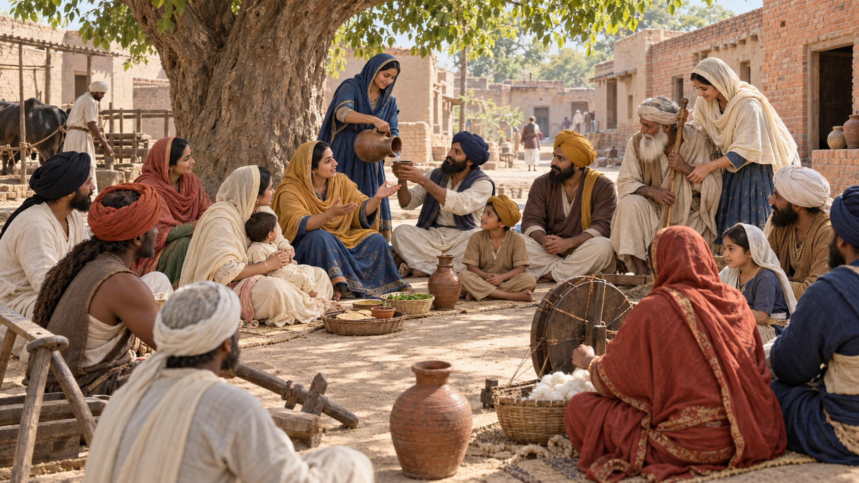 Women and men participate together in a sixteenth-century Punjabi community gathering, sharing discussion, water, childcare, and care for an older visitor.