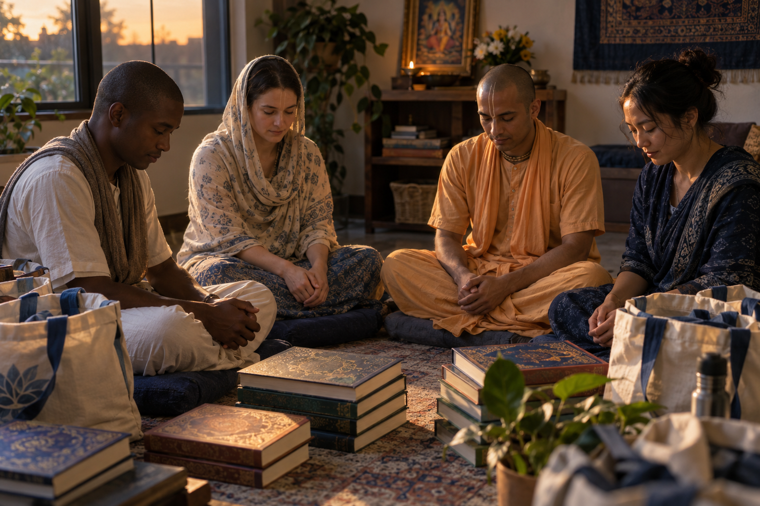 Four devotees pause together calmly beside prepared bags and stacks of sacred books before beginning their service.