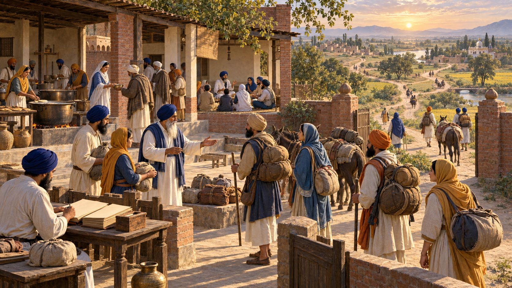 Community stewards leave a sixteenth-century Punjabi service center for several villages while others coordinate teaching, hospitality, and a communal kitchen.