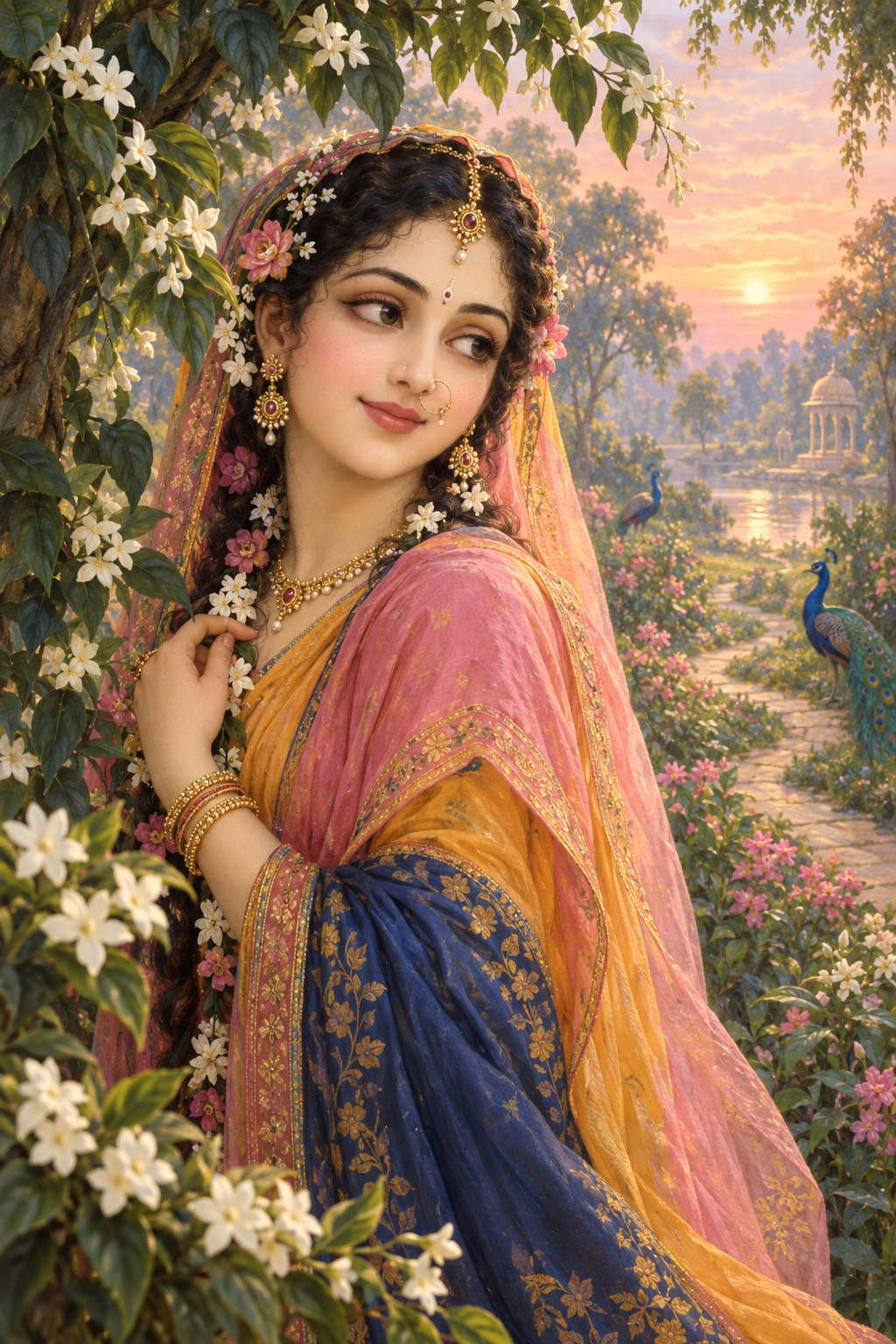 Devotional illustration of Sri Radha in a flowering Vrindavan grove, wearing floral decorations and a delicate gold nose ornament in the light of dawn.