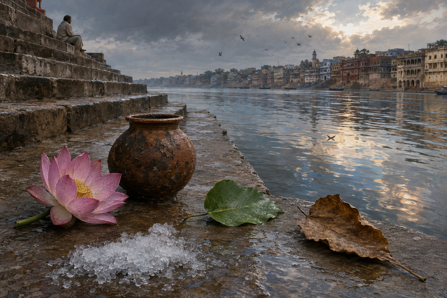 A lotus, weathered clay pot, green leaf, dry leaf, and melting frost rest on stone steps beside a flowing river.