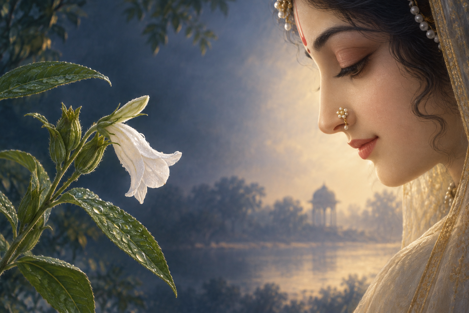 A white sesame flower beside a softly rendered profile of Sri Radha, with a delicate pearl-and-gold nose ornament and dew-covered leaves.