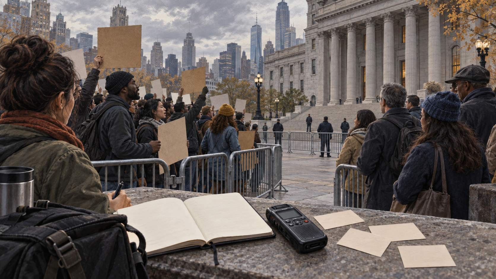 A diverse crowd gathers at a peaceful city protest while a notebook and audio recorder in the foreground suggest careful verification of events.