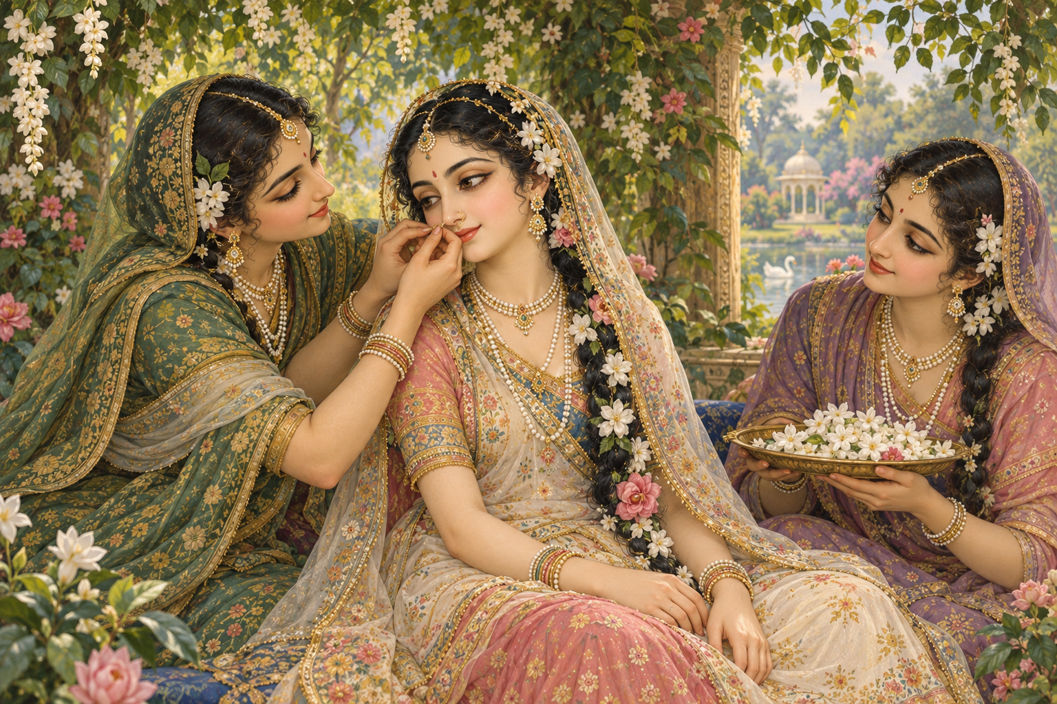 Sri Radha sits in a flowering bower while one companion fastens Her small nose ornament and another holds jasmine blossoms.