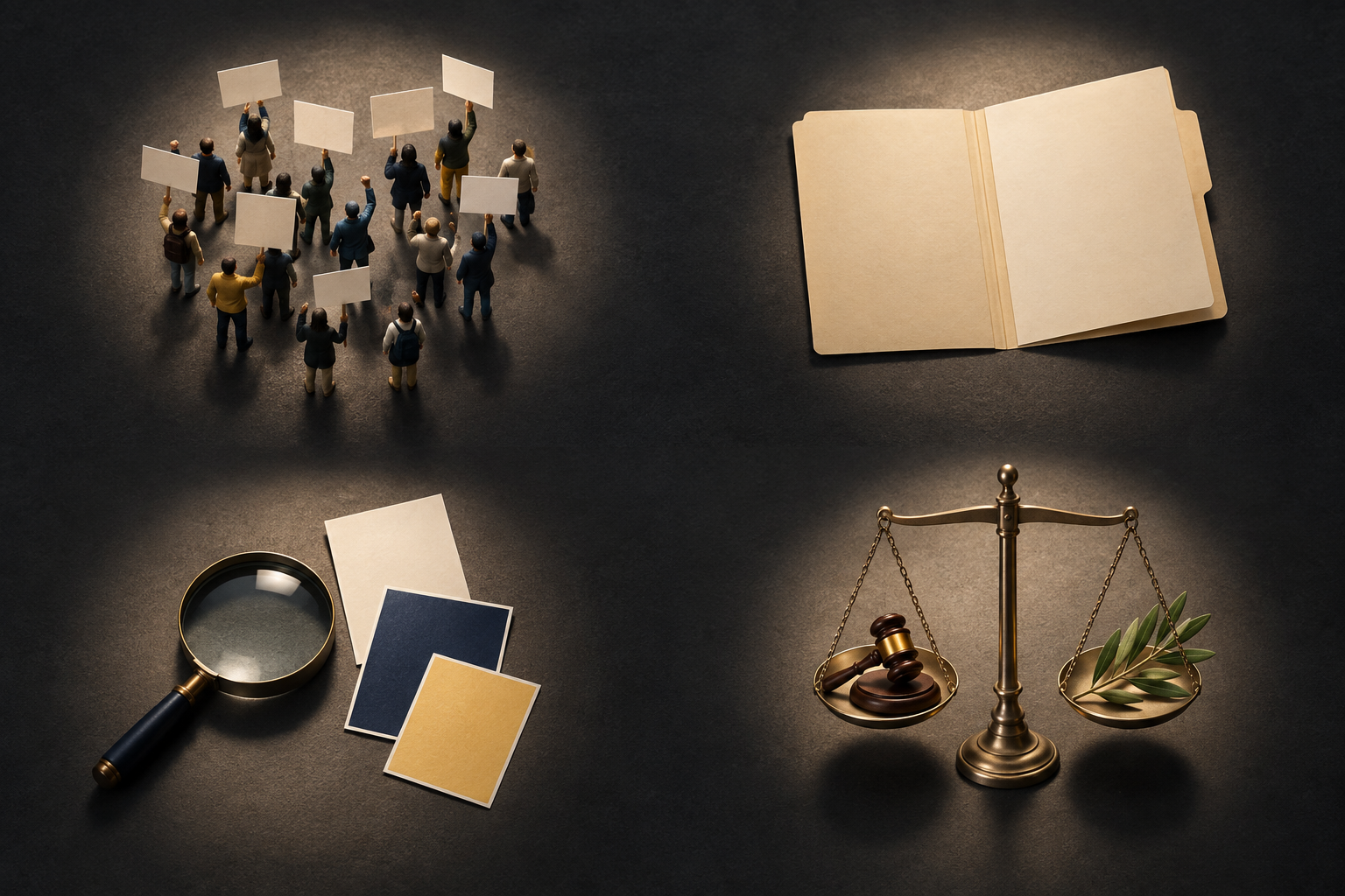 Four separated tabletop scenes depict a protest, an organizational folder, evidence under a magnifying glass, and scales balancing a gavel with an olive branch.