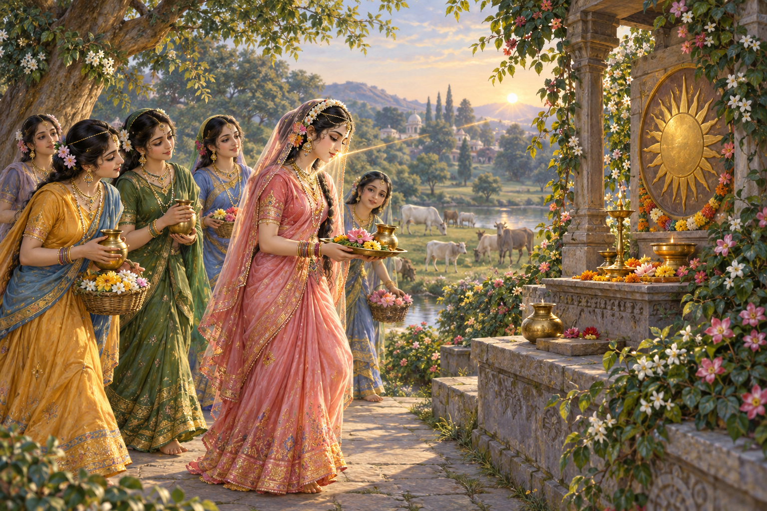 Sri Radha and Her companions carry flowers and brass vessels toward an open-air Surya shrine in the morning landscape of Vrindavan.