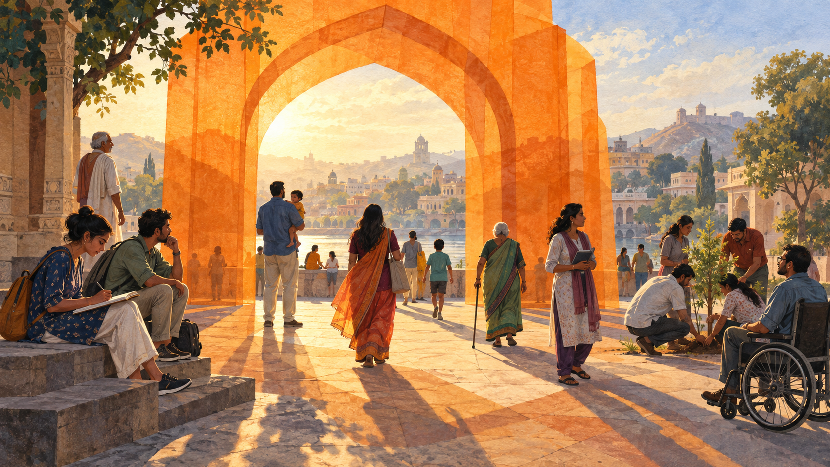 A diverse group of individuals stands beneath a translucent saffron arch whose shadow falls differently across the scene.