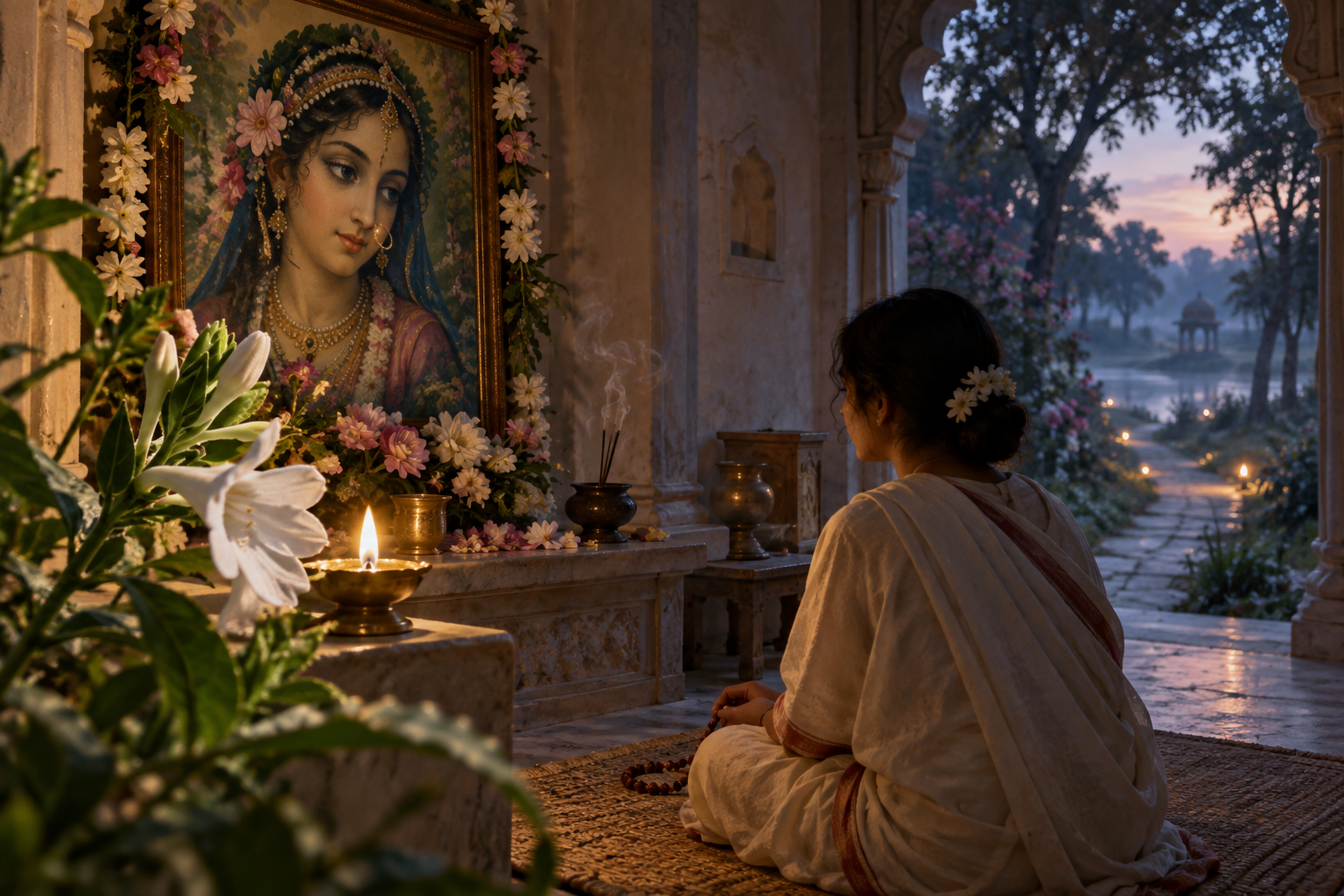 A devotee sits with prayer beads before a small painting of Sri Radha, with a sesame flower, an oil lamp, and a view toward a Vrindavan grove.