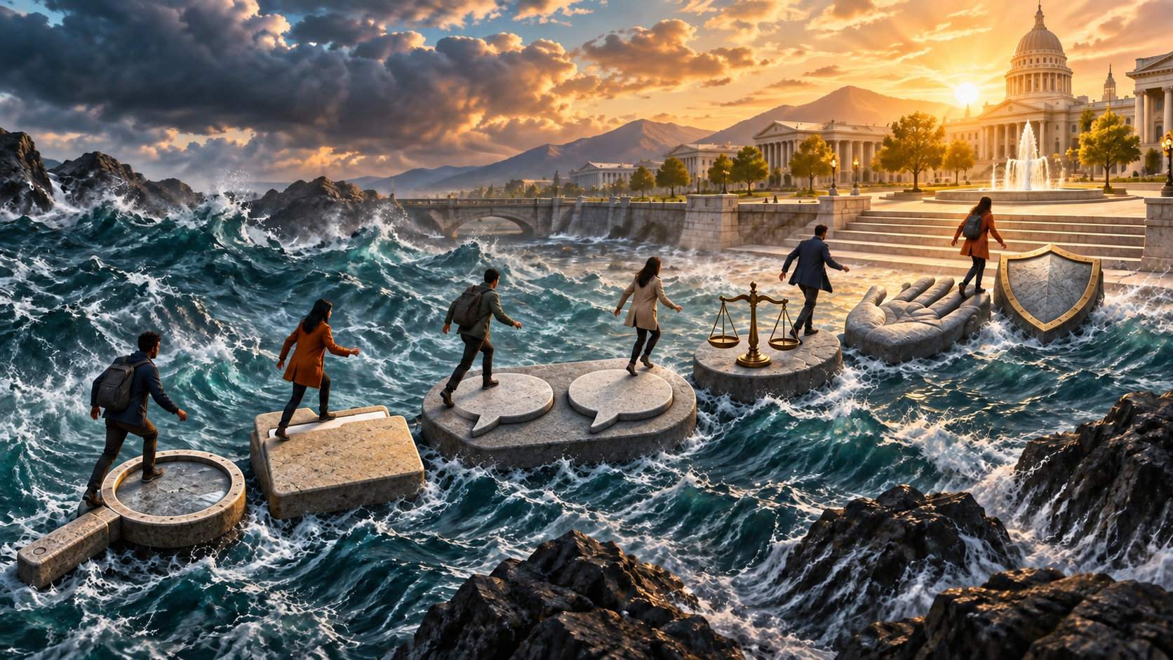 A diverse group crosses six symbolic stepping stones over turbulent water toward a sunlit civic plaza.