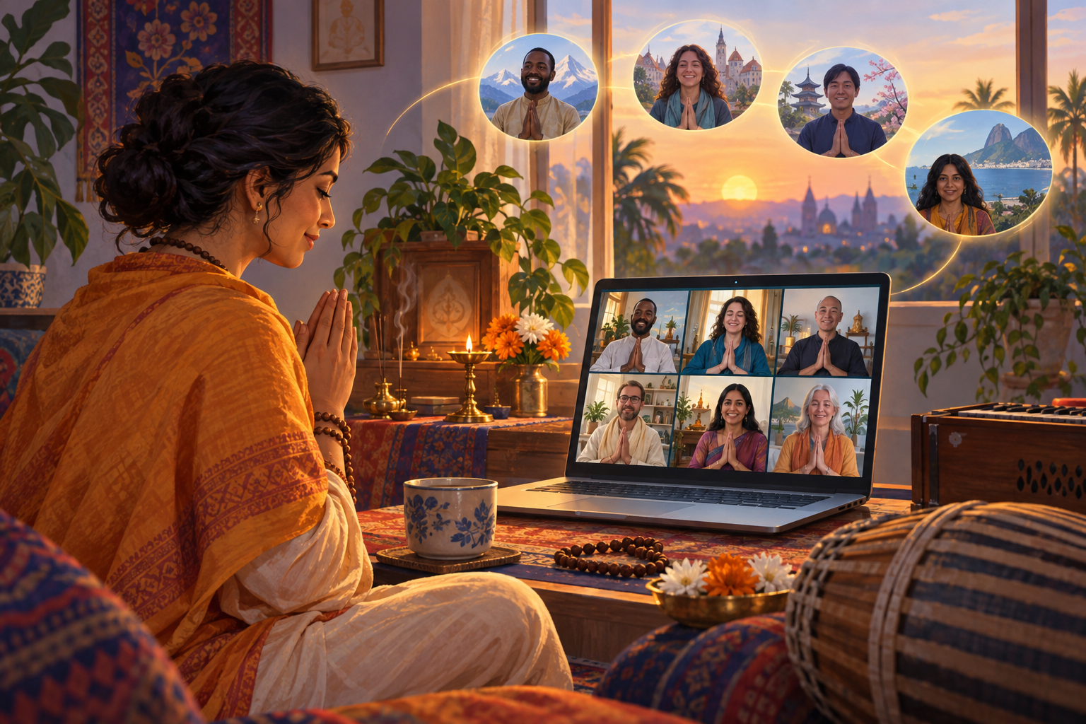 A devotee joins an online gathering from a home altar while participants in several countries appear in video windows.