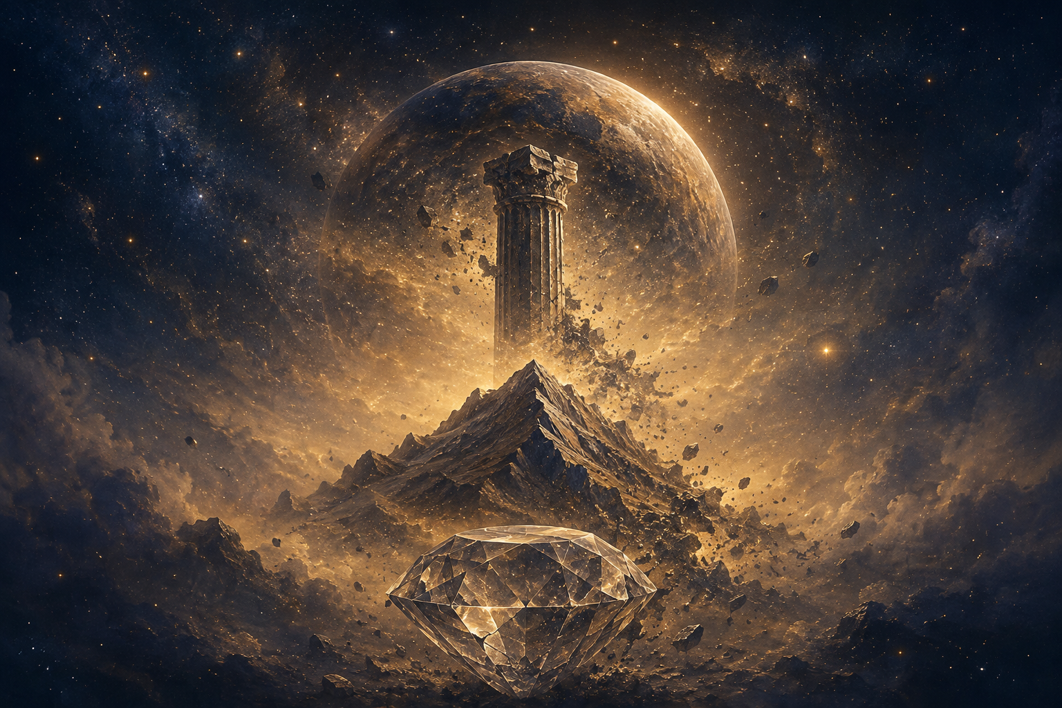 A diamond, mountain, stone pillar, planet, and stars show signs of change within an expansive field of golden light.