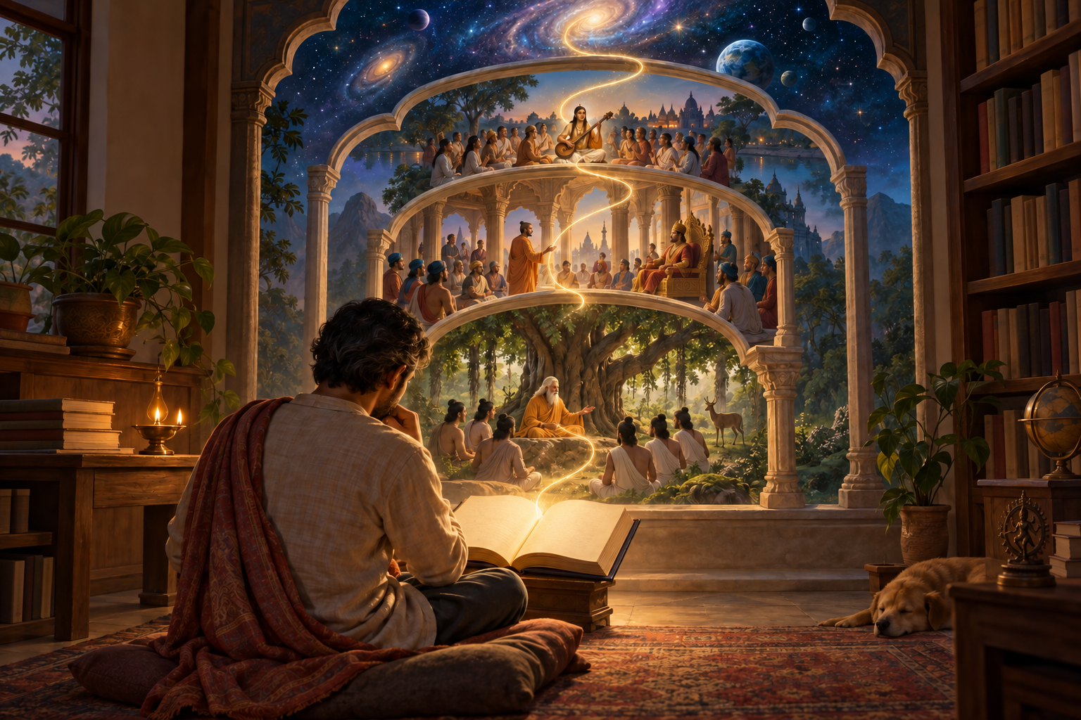 A seated reader studies an open sacred volume as layered scenes of sages, a royal court, devotees, and the cosmos rise from its pages, connected by a golden thread of light.