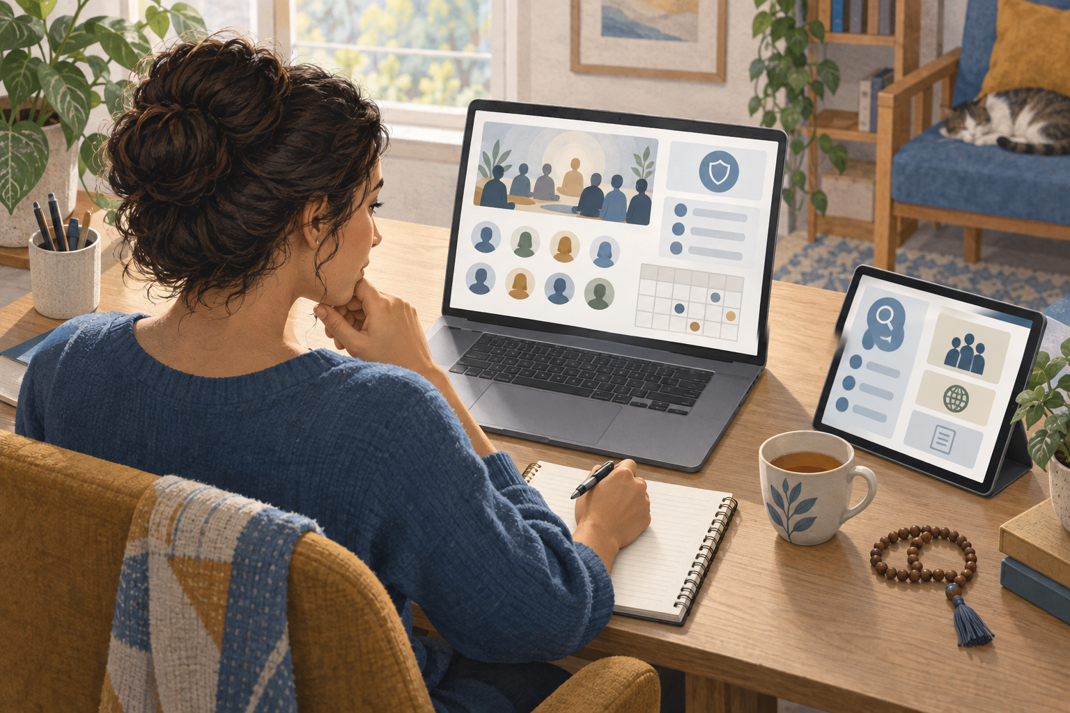 A person checks an online devotional community on a laptop and compares information on a second device before participating.