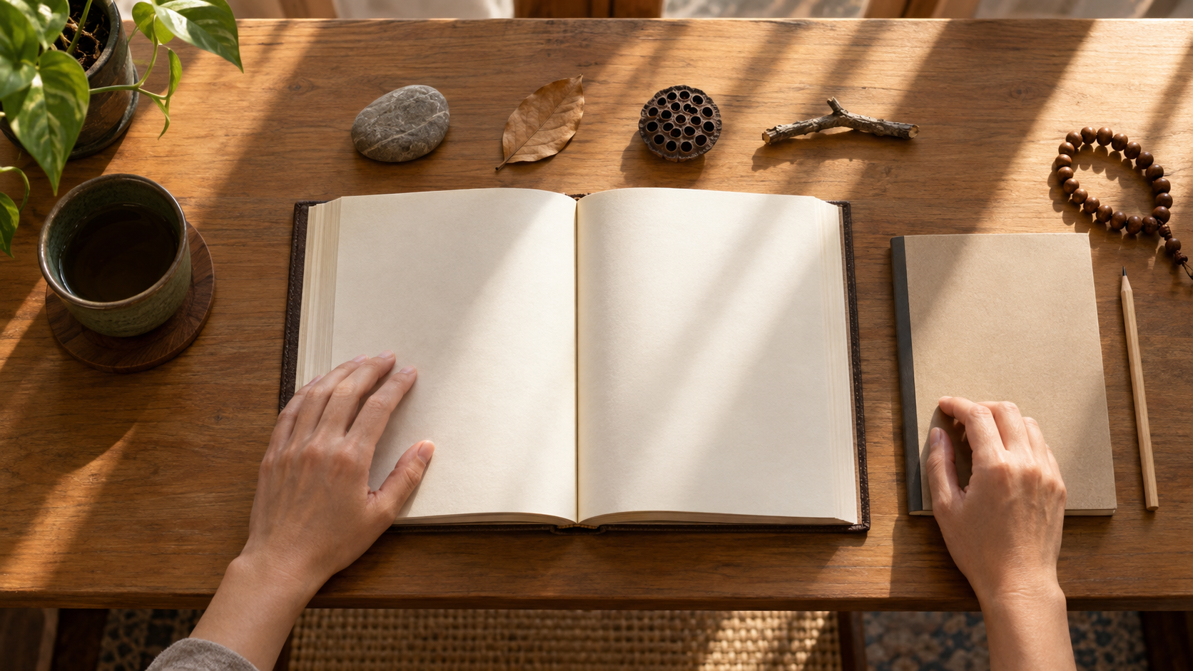 An open sacred book, blank notebook, pencil, meditation beads, and small natural objects are arranged neatly on a wooden reading desk in morning light.