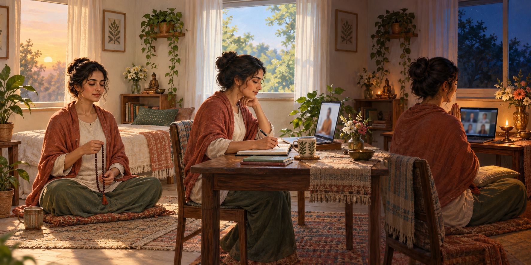 The same person practices with prayer beads at dawn, attends an online teaching during the day, and joins a virtual devotional gathering in the evening.
