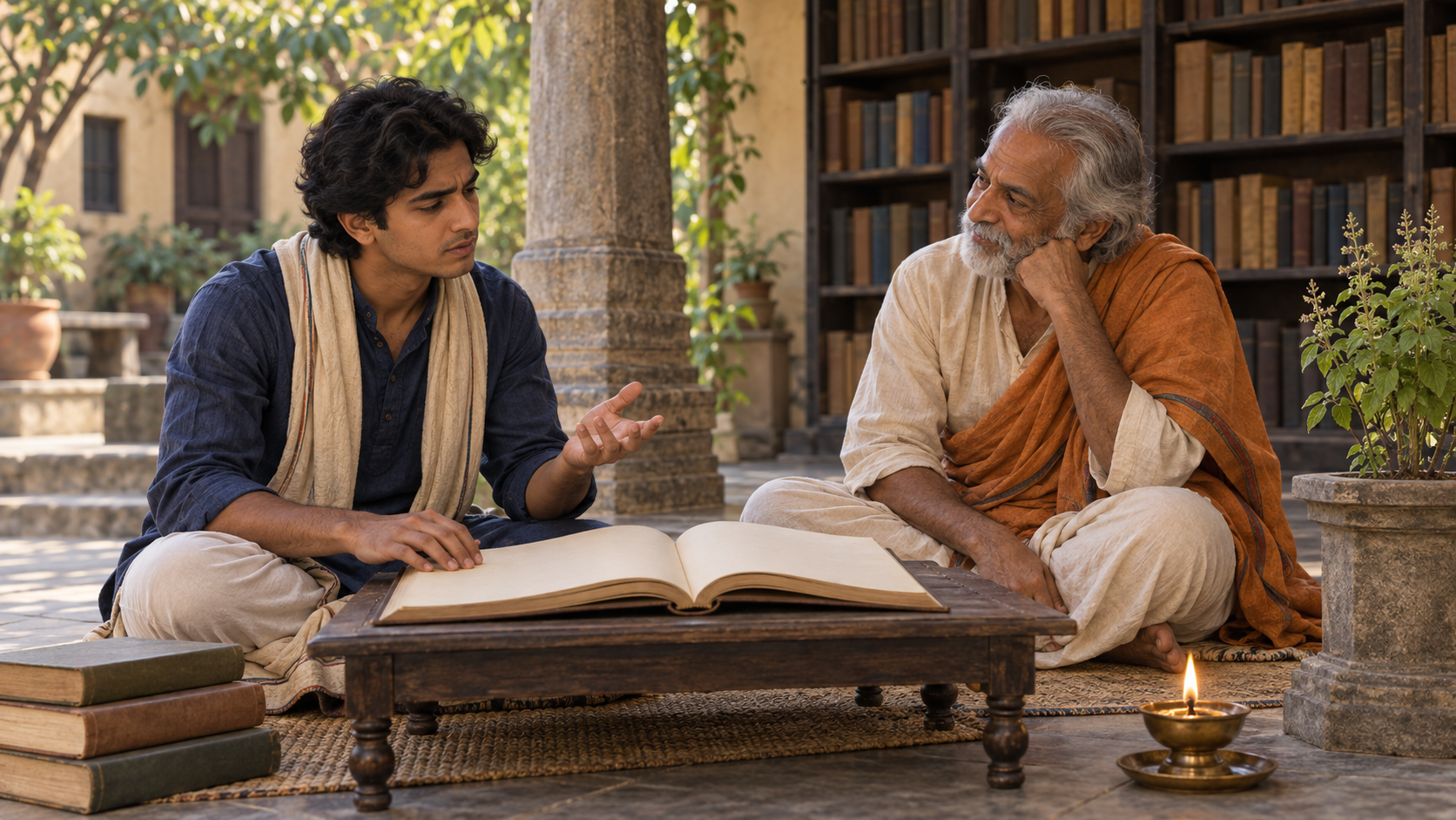 A reader pauses over an open sacred volume and discusses the passage with an older teacher in a shaded courtyard library.