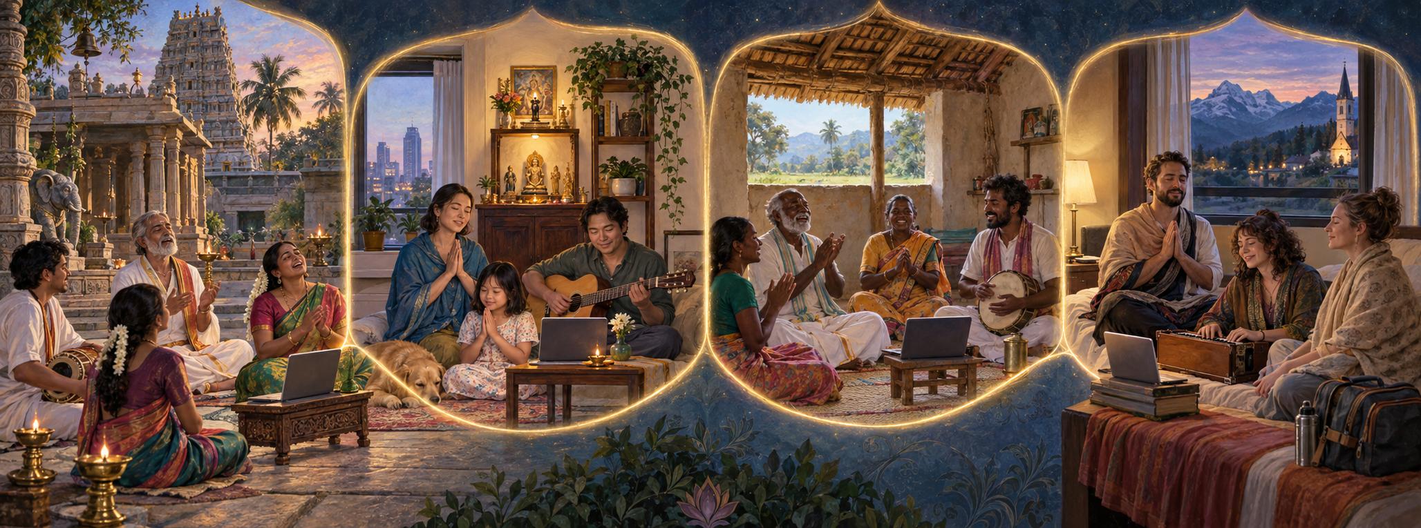Bhakti practitioners in distinct temple, home, community, and travel settings meet through separate online video windows.