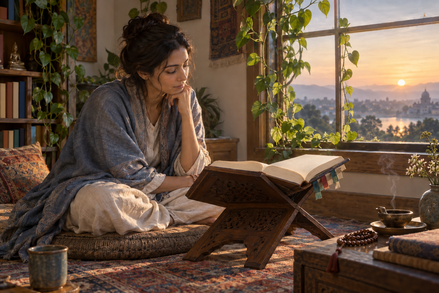 A reader returns to a familiar dawn reading corner with an open sacred volume, meditation beads, a worn cushion, and a growing plant nearby.