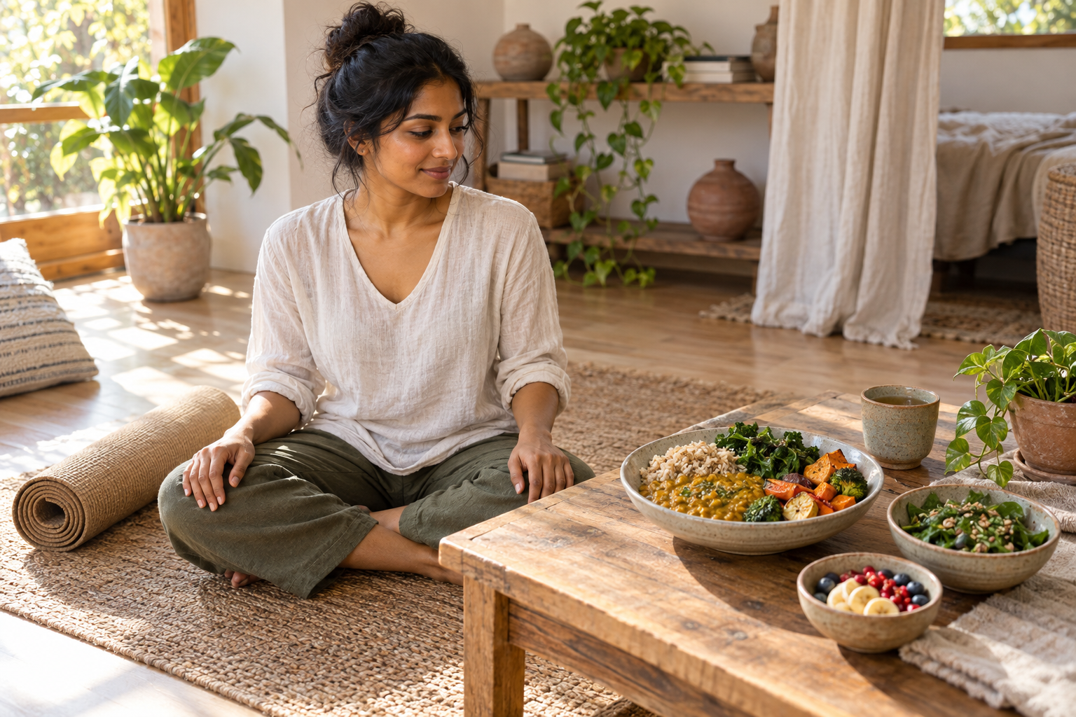 A person sits cross-legged beside a yoga mat and a table holding lentils, rice, vegetables, greens, and fruit.