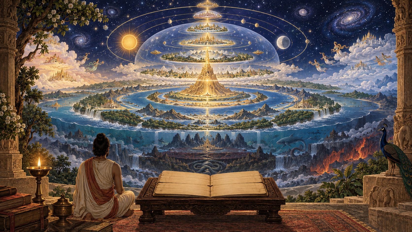 A reader sits before an open palm-leaf manuscript as layered celestial realms, stars, mountains, oceans, and a luminous central axis unfold above it.