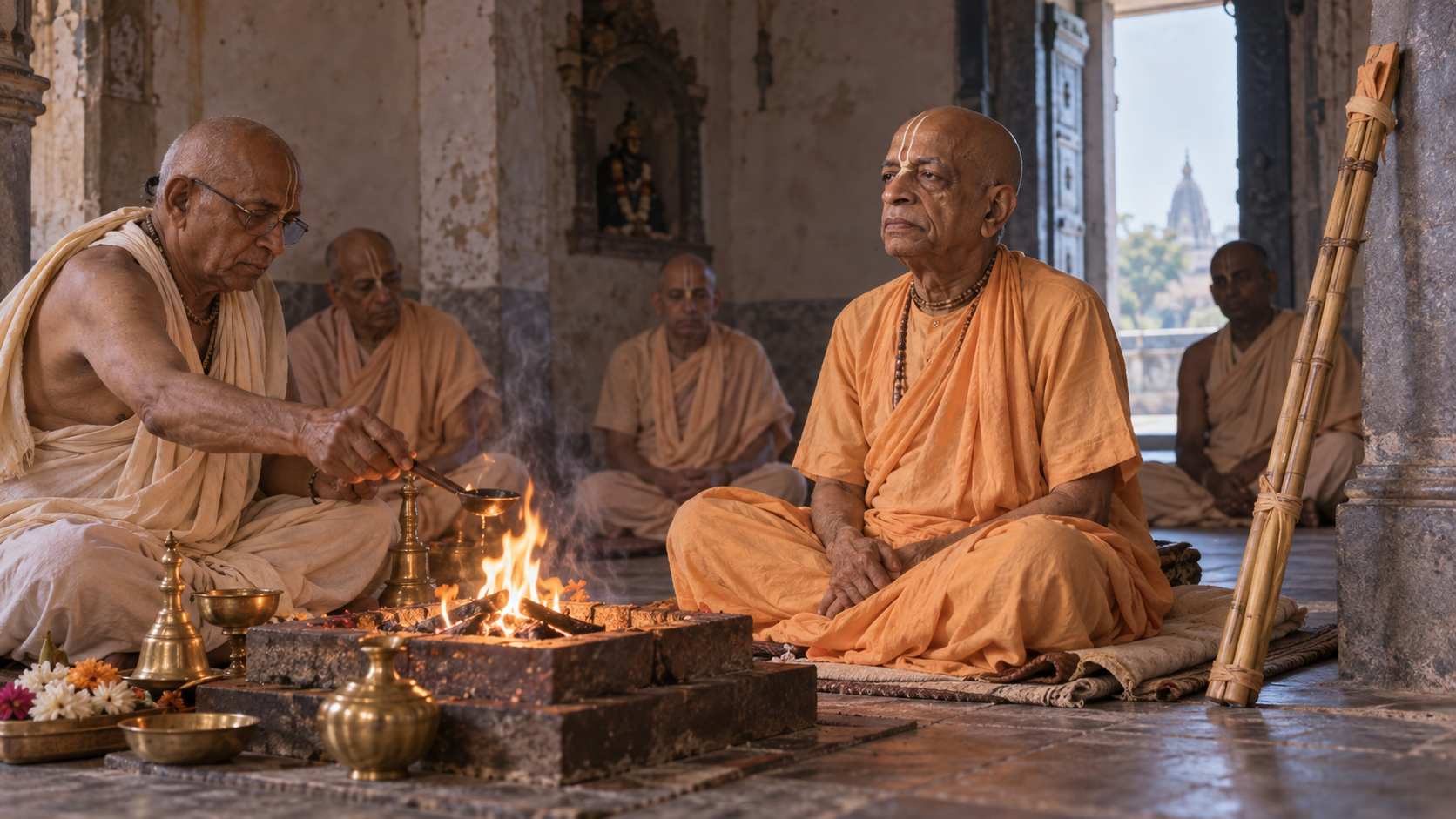 Srila Prabhupada in saffron robes seated beside a sacred fire during a sannyasa ceremony in a modest Mathura temple.