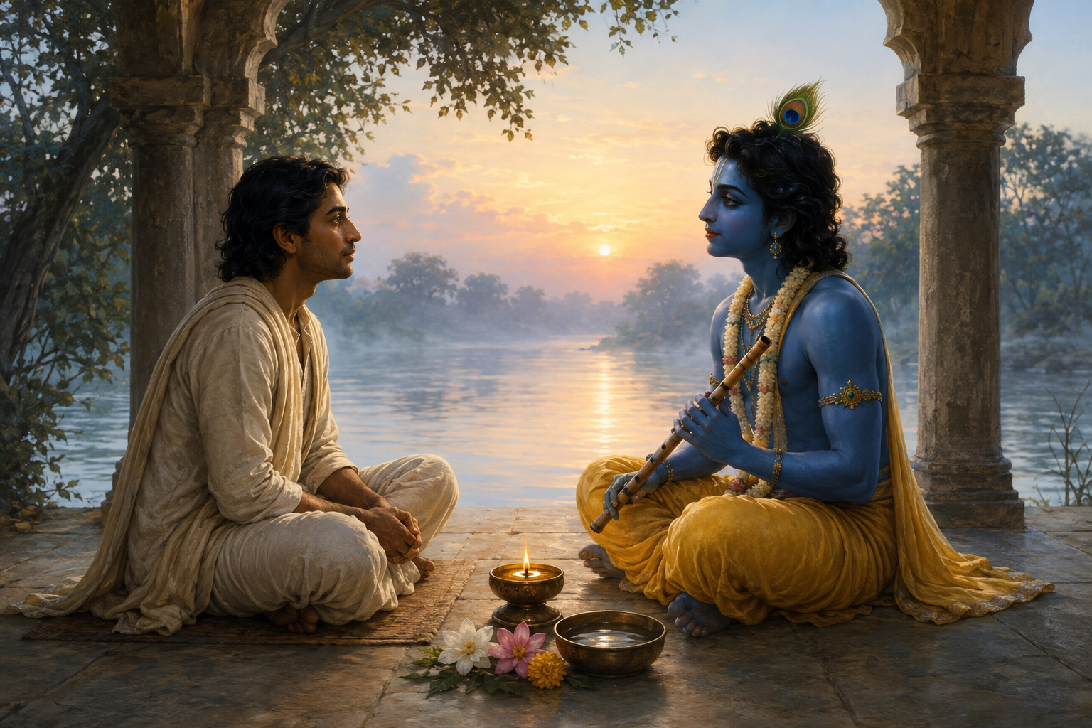 A seated devotee meets Krishna's gaze in an open riverside shrine with a lamp, water bowl, and flowers between them.