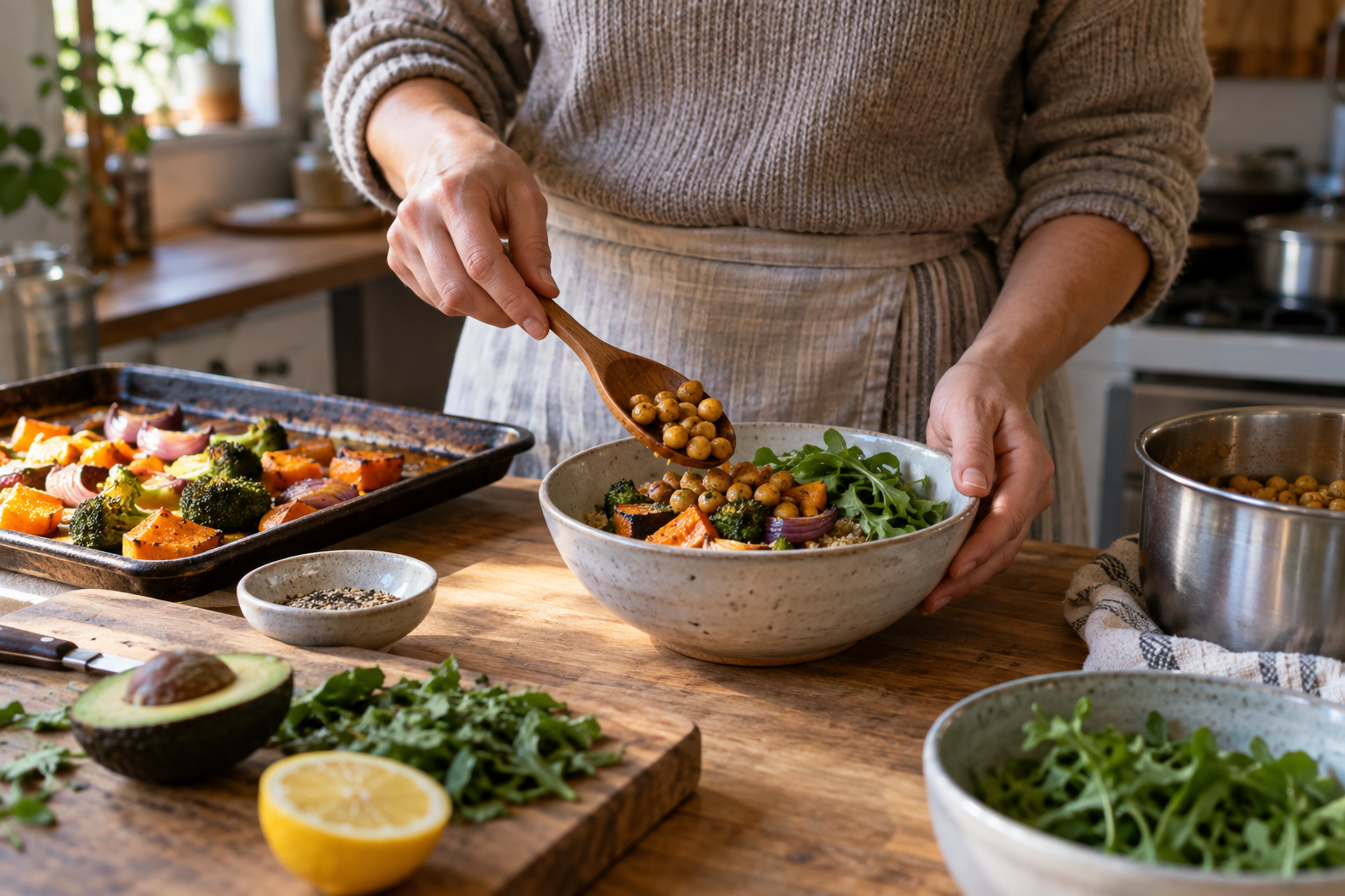 A person prepares a single bowl of chickpeas and roasted vegetables in a home kitchen.