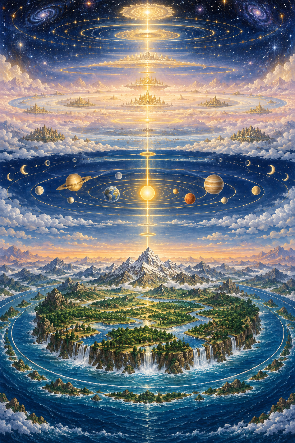 A golden central axis connects an earthly landscape, celestial bodies, and luminous upper realms arranged in a vertically ordered cosmos.