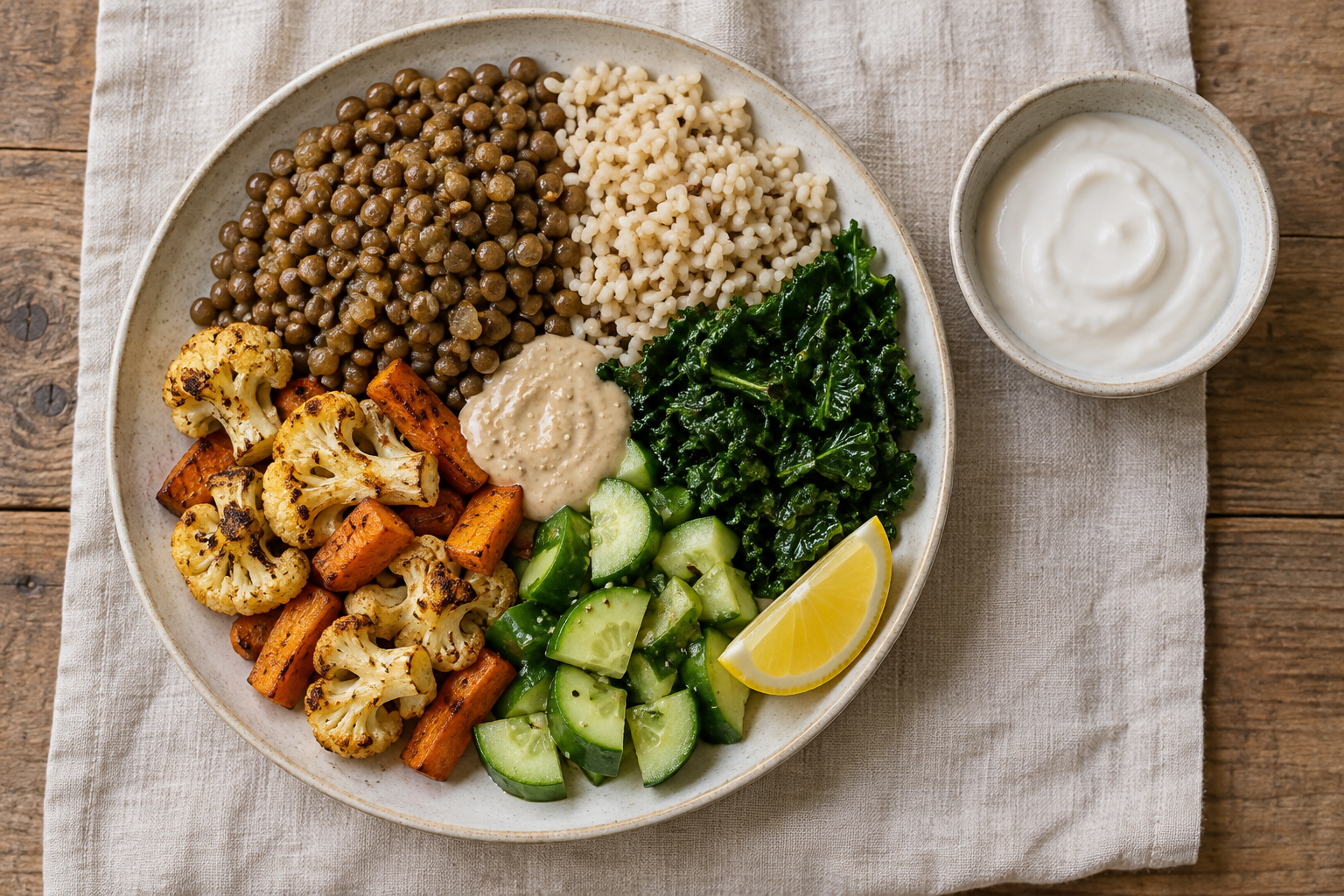 An overhead view of a complete meat-free meal with lentils, brown rice, leafy greens, roasted vegetables, salad, and citrus.