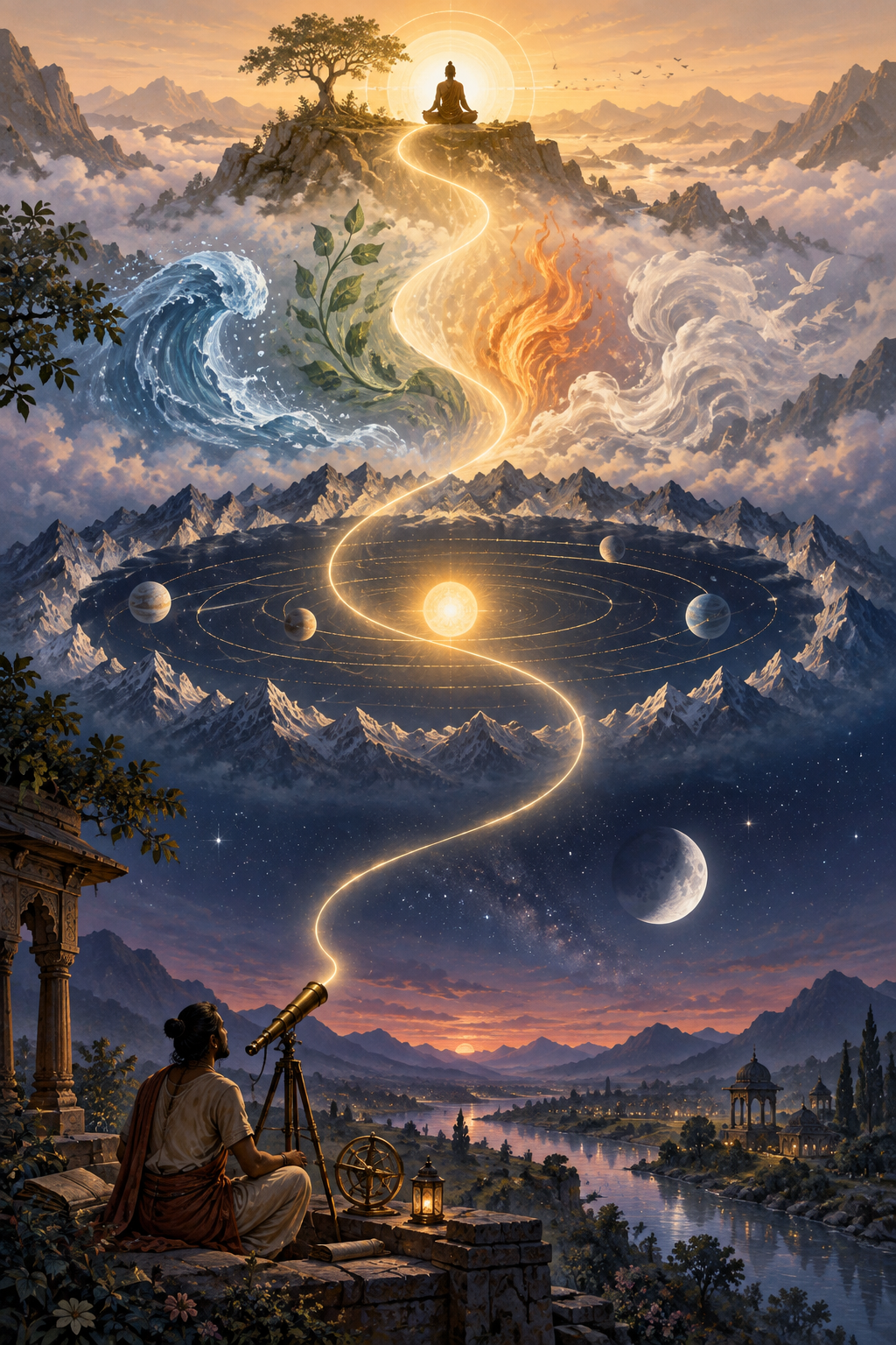 A continuous layered landscape links an observer beneath the moon, an ordered celestial region, translucent elemental forms, and a meditating figure facing light.