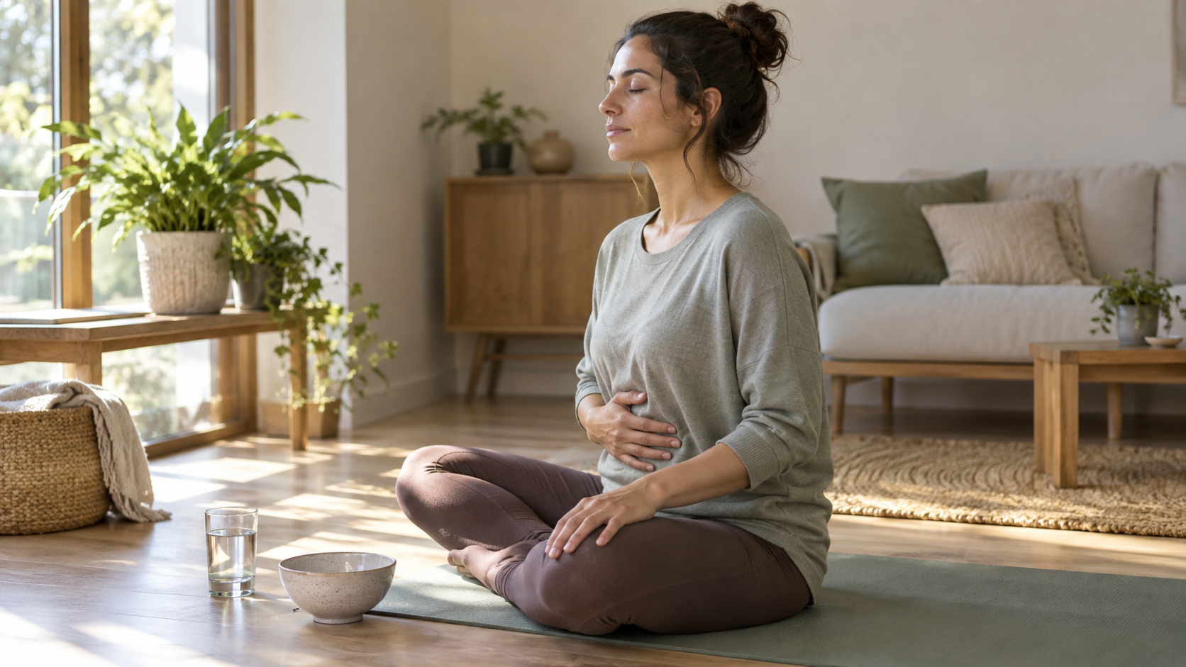 A person sits on a yoga mat with one hand on their abdomen beside an empty bowl and a glass of water.