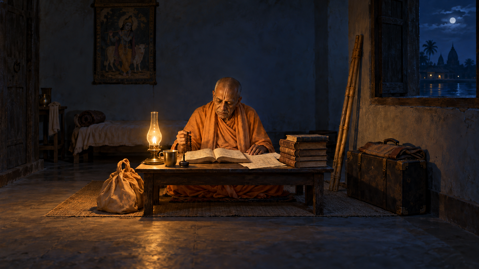 An elderly Vaishnava monk in saffron robes works on manuscripts by lamplight in a sparse room with prayer beads, books, and a tridanda nearby.
