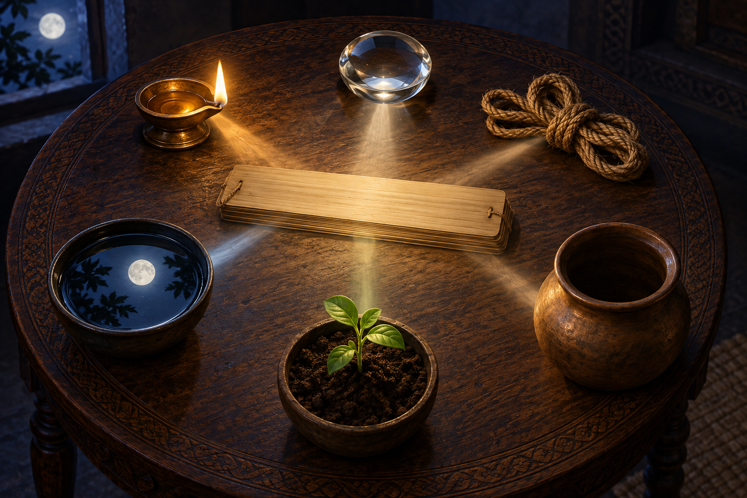 An uninscribed palm-leaf manuscript is surrounded by a lamp, crystal lens, measuring cord, reflective water bowl, seedling, and empty vessel beneath six beams of light.