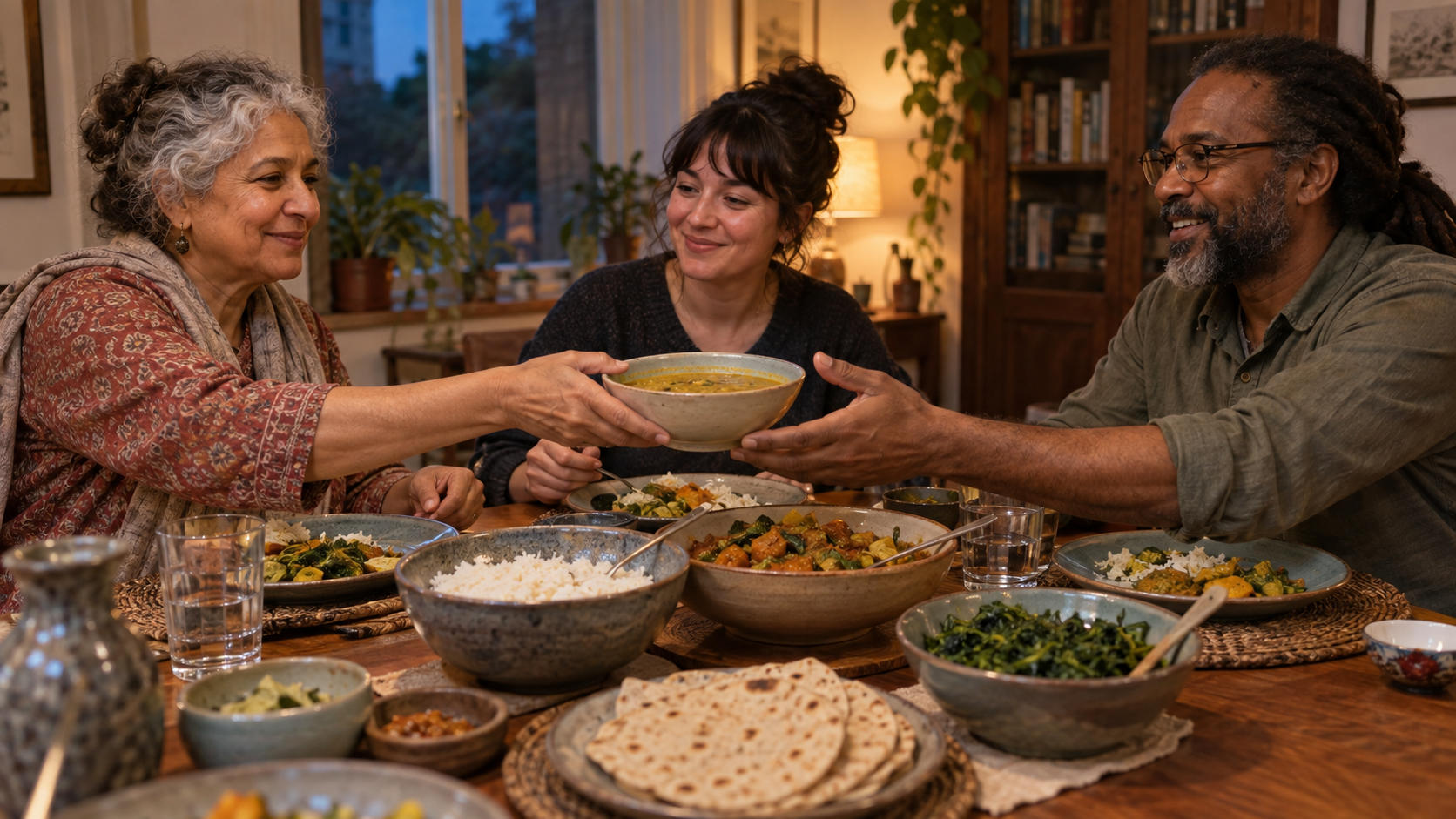 Three adults share a meat-free meal while one person passes a bowl of food across the table.