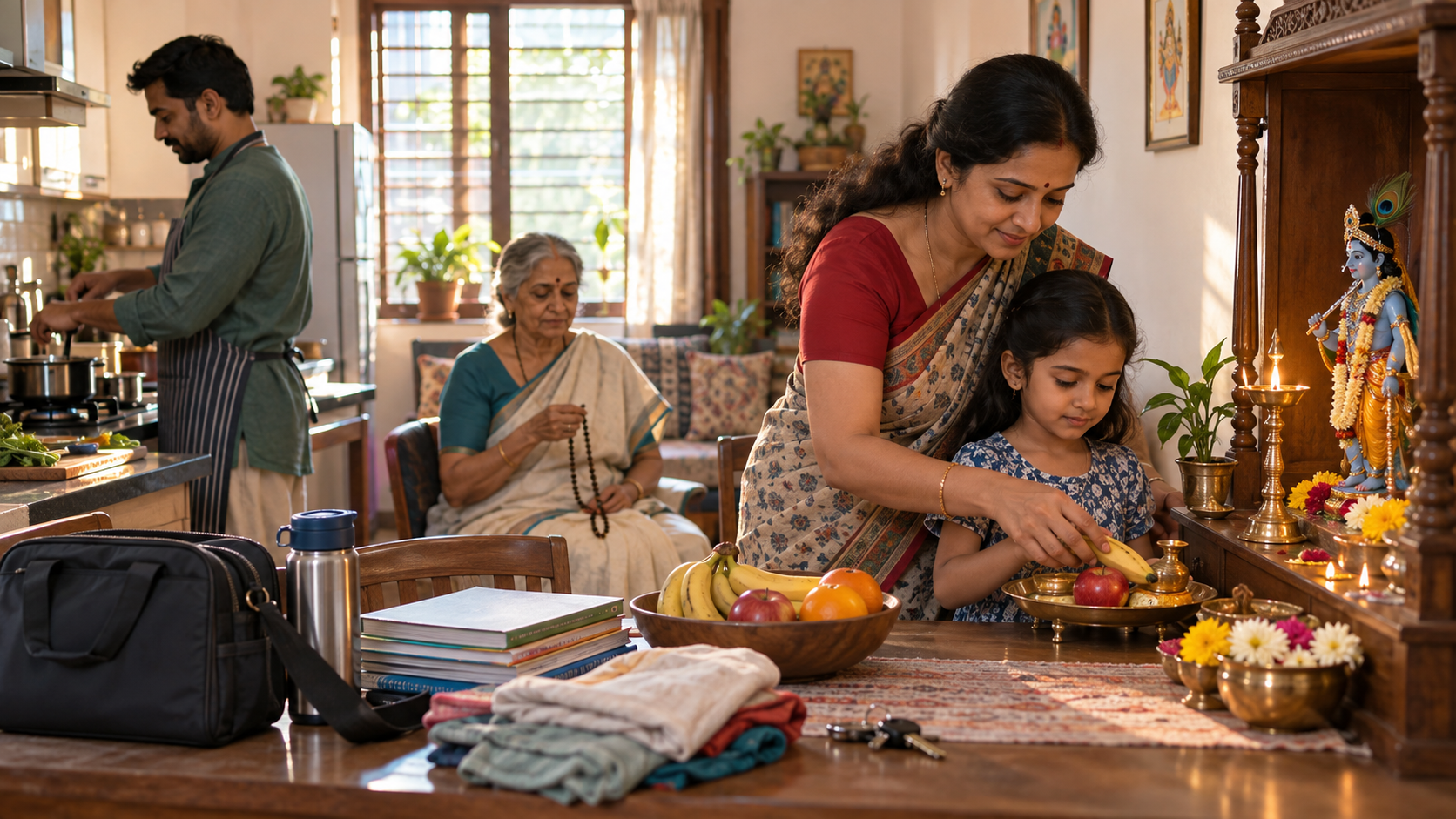 A family prepares fruit and a simple offering at a home altar while prayer beads, schoolbooks, cooking utensils, and other household items remain visible.