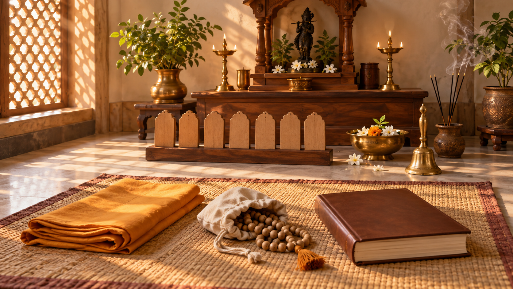 Prayer beads, flowers, a brass bell, an unmarked scripture, and a folded saffron cloth are arranged neatly on a mat in the light of dawn.