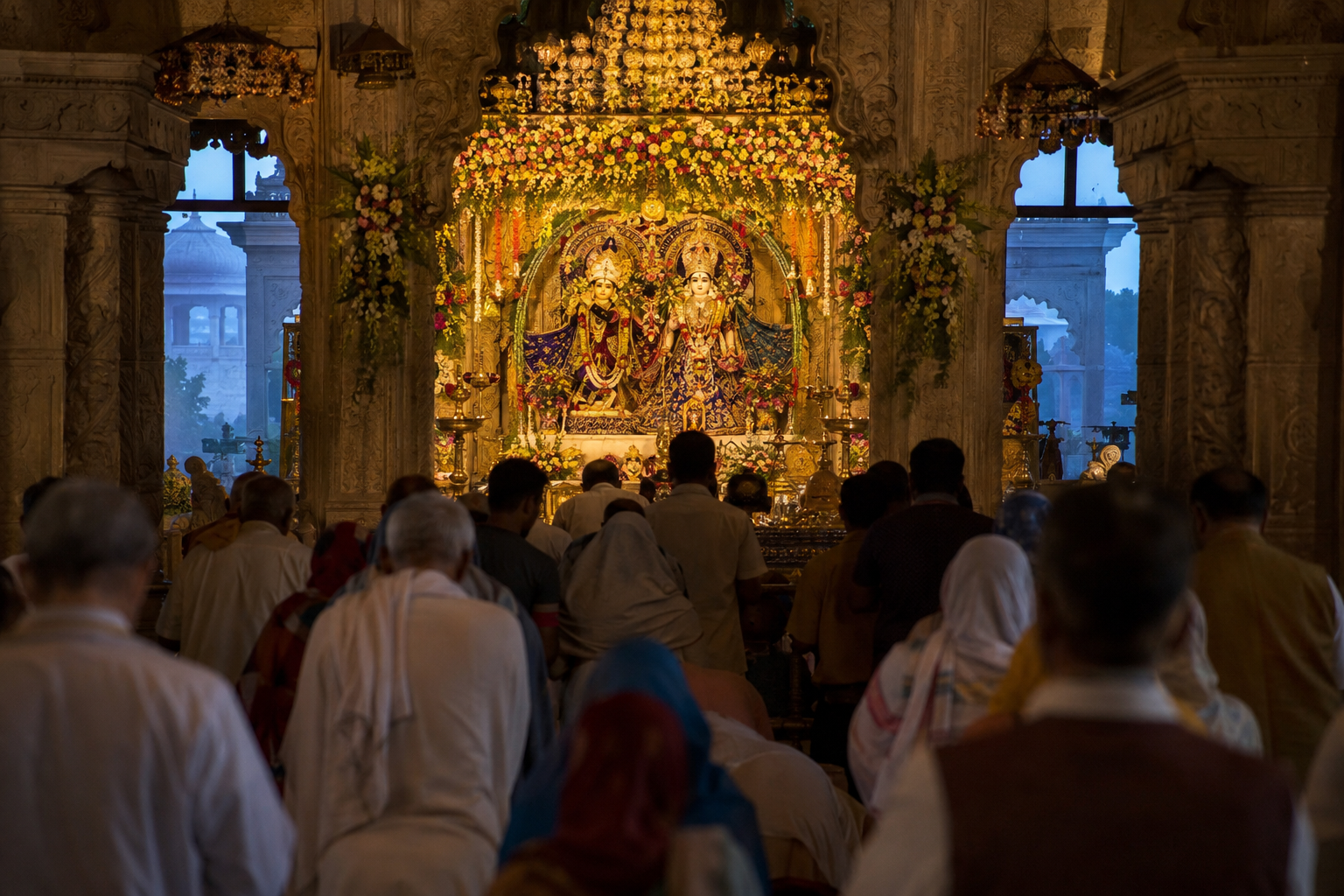 Devotees gather in a Vrindavan temple before an illuminated, flower-decorated Radha and Krishna altar at dawn.