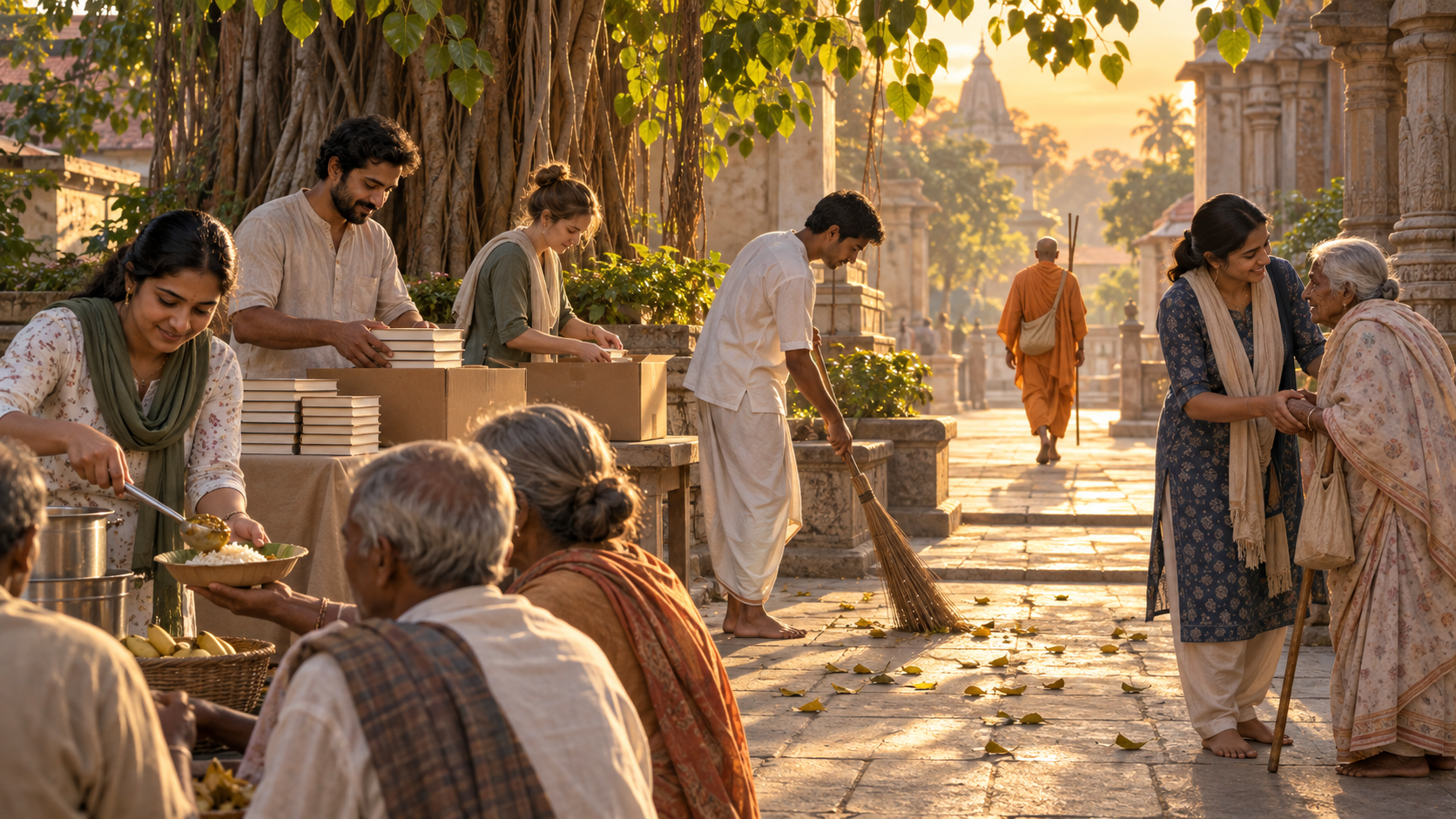 Devotees distribute meals, pack books, sweep a courtyard, and assist a visitor while a saffron-robed monk walks along a sunlit path in the background.