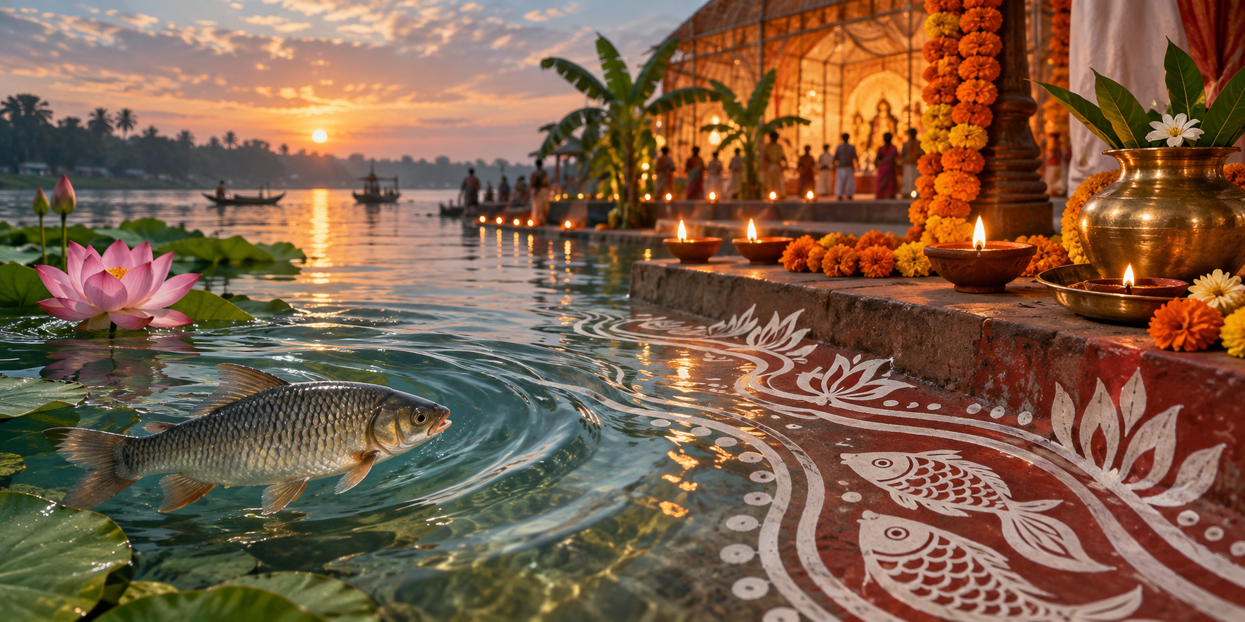 A freshwater fish swims beside lotus leaves as river ripples merge with Bengali fish motifs near a lamp-lit Durga Puja pavilion.