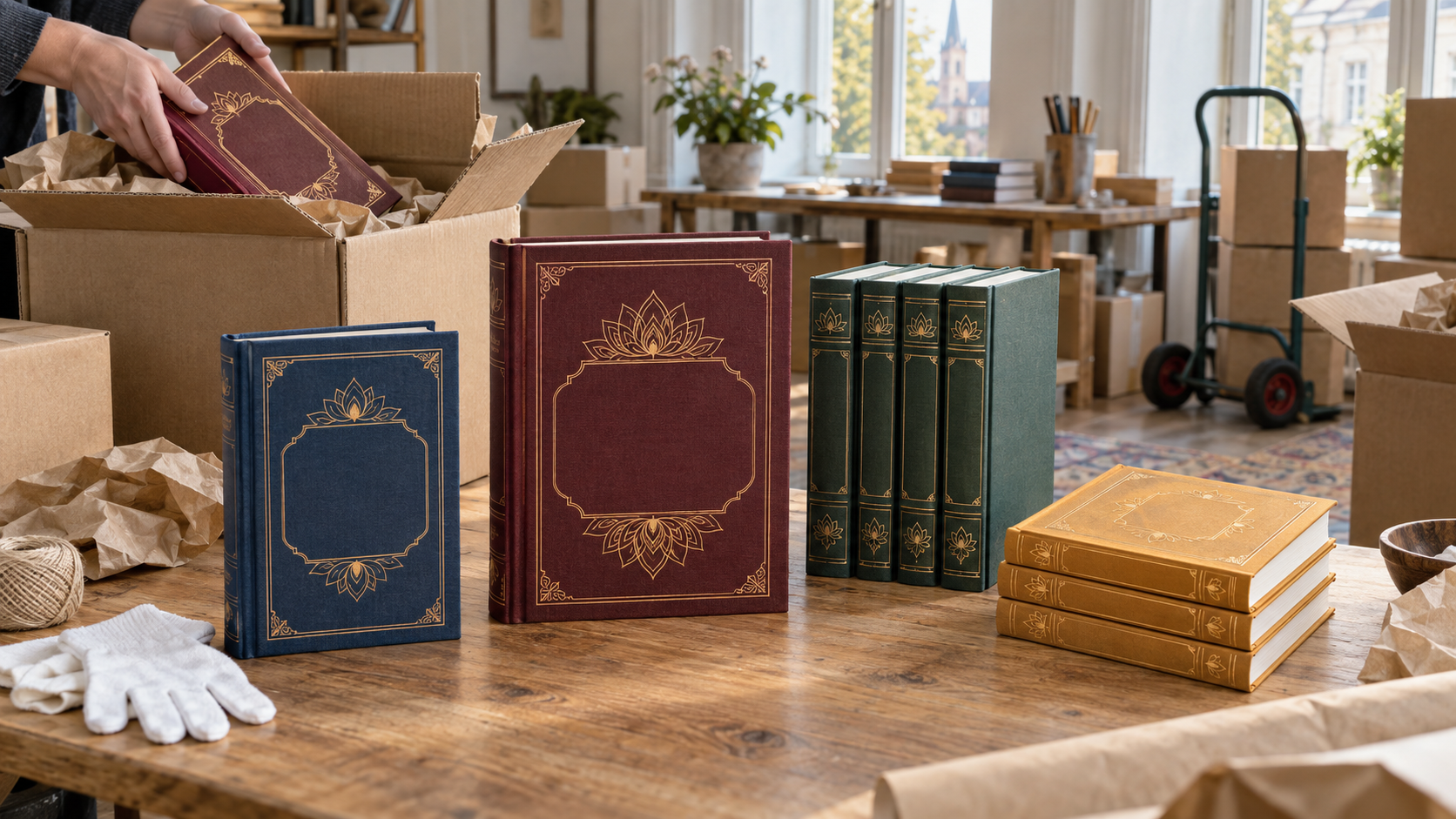 Open shipping cartons surround four differently formatted scripture editions on a wooden table in a European book distribution room.