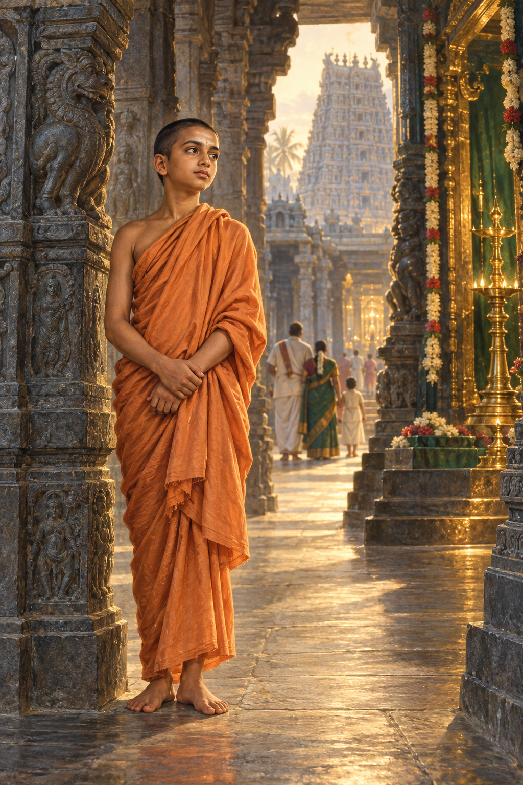 A young saffron-robed Tamil ascetic stands in a carved temple corridor as a family approaches a lamp-lit shrine, with a South Indian gopuram in the distance.