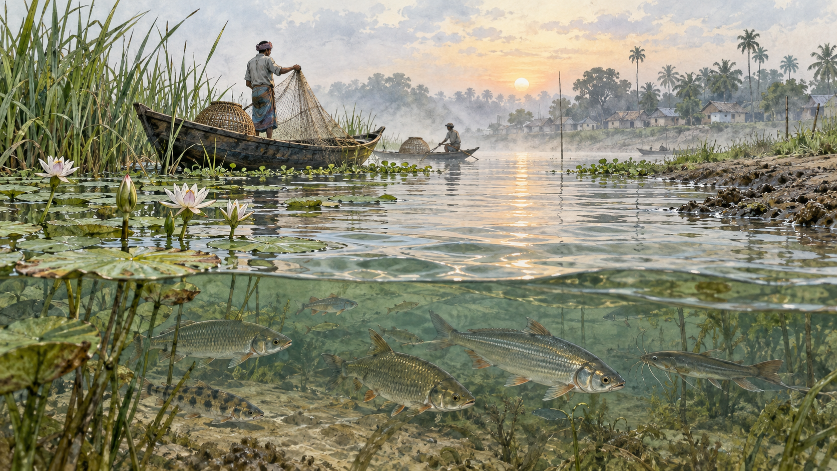 Freshwater fish swim near reeds and wooden fishing boats on a misty river in Bengal at dawn.