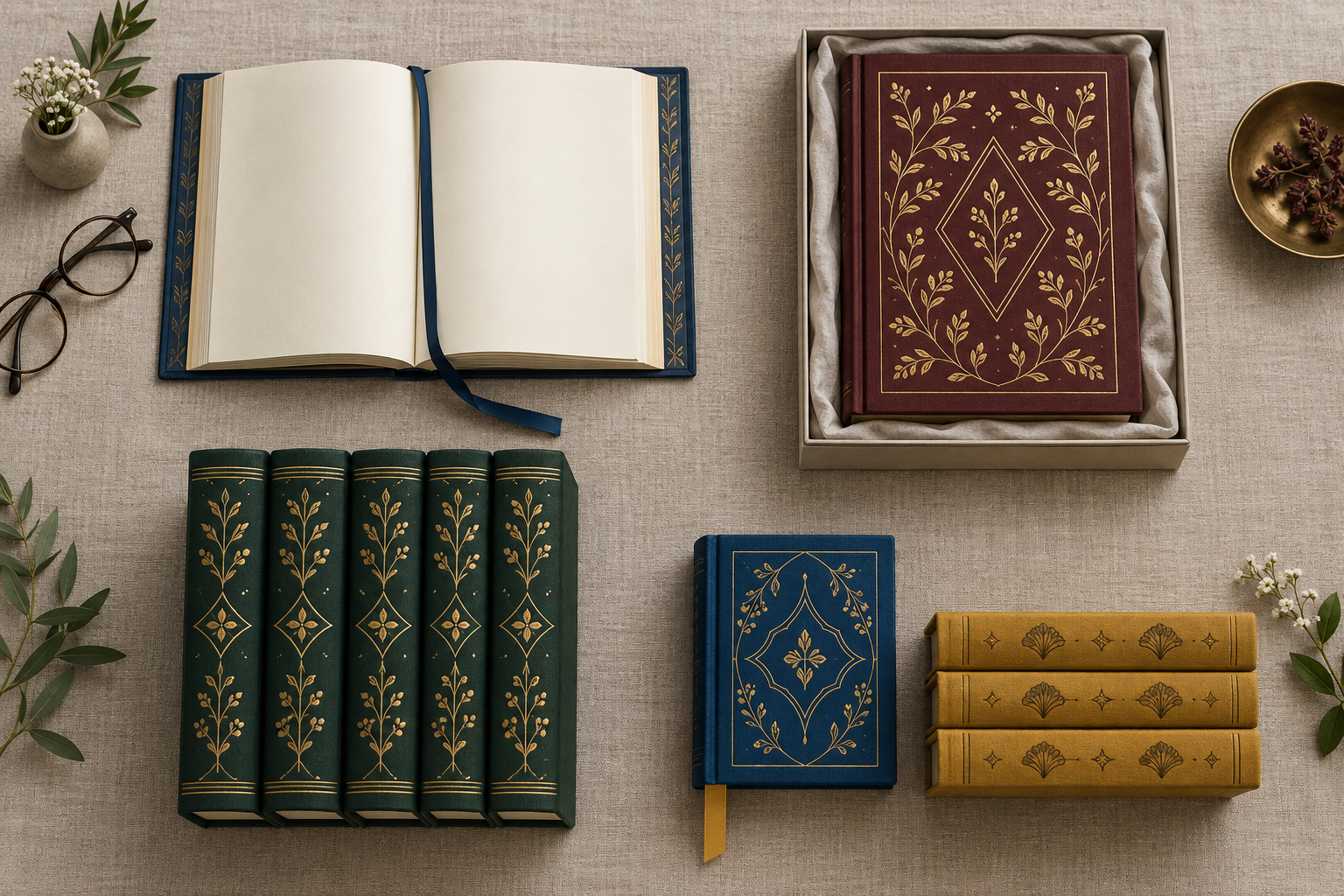Four scripture formats arranged on linen: an open study volume, a boxed gift book, a matched set, and compact distribution copies.