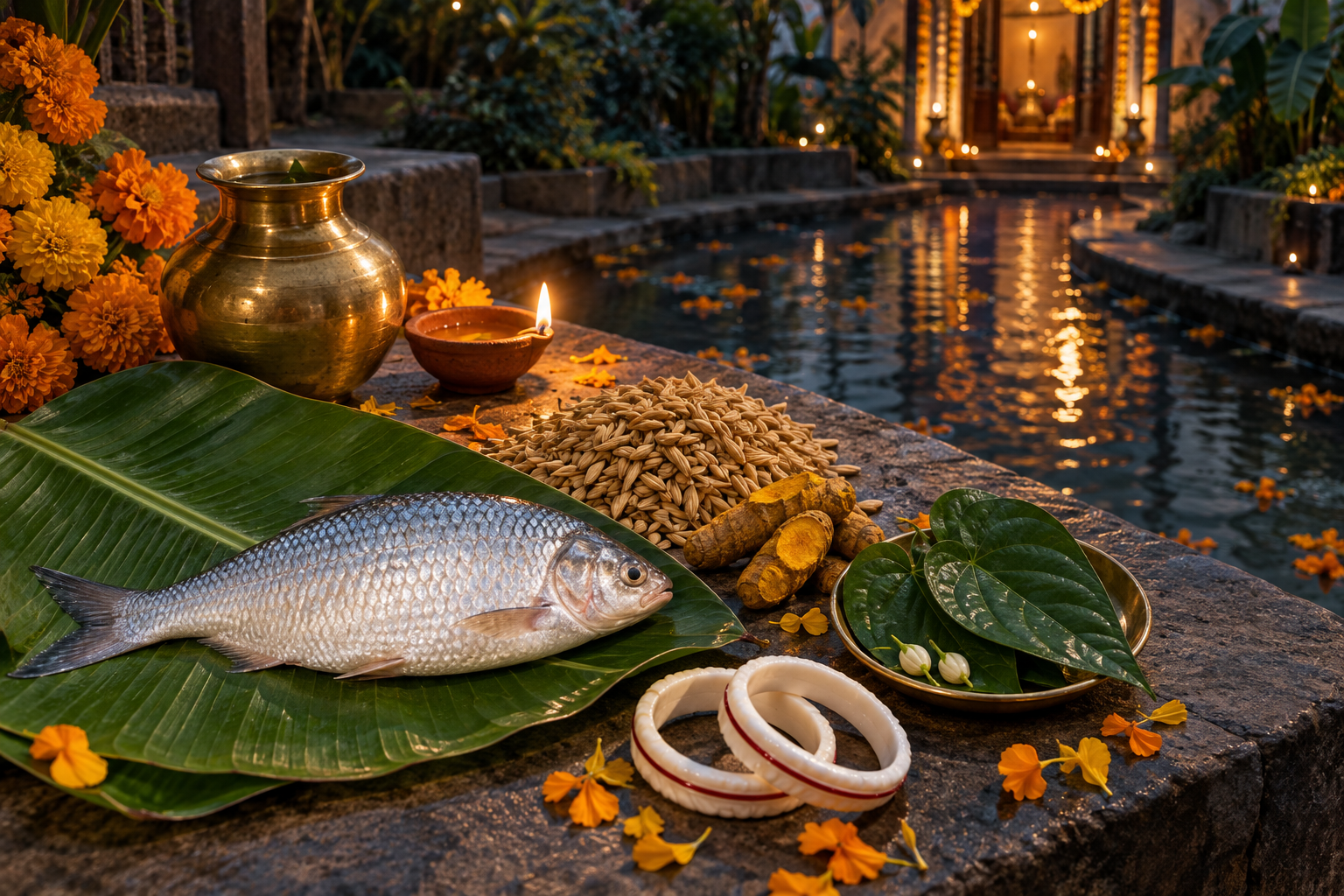 A silver freshwater fish rests on a banana leaf beside rice, turmeric, betel leaves, a brass pot, marigolds, and a clay lamp.