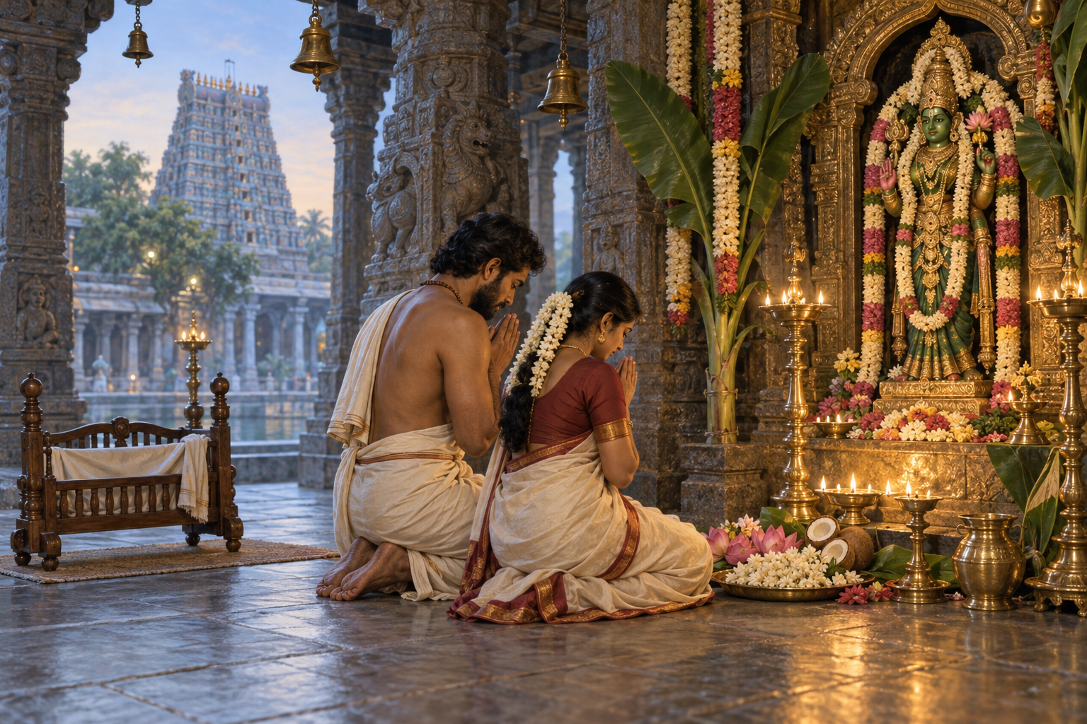 A Tamil couple kneels with flowers and a brass lamp before a temple shrine, with an empty wooden cradle beside them.