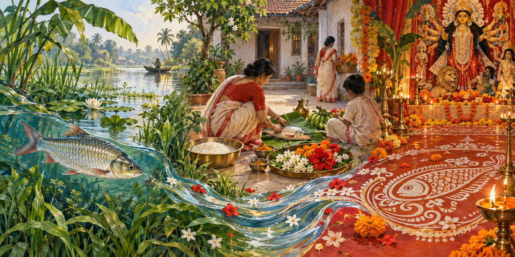 Three connected scenes show a fish in a river, a Bengali household preparing seasonal objects, and a fish motif near Durga Puja lamps.