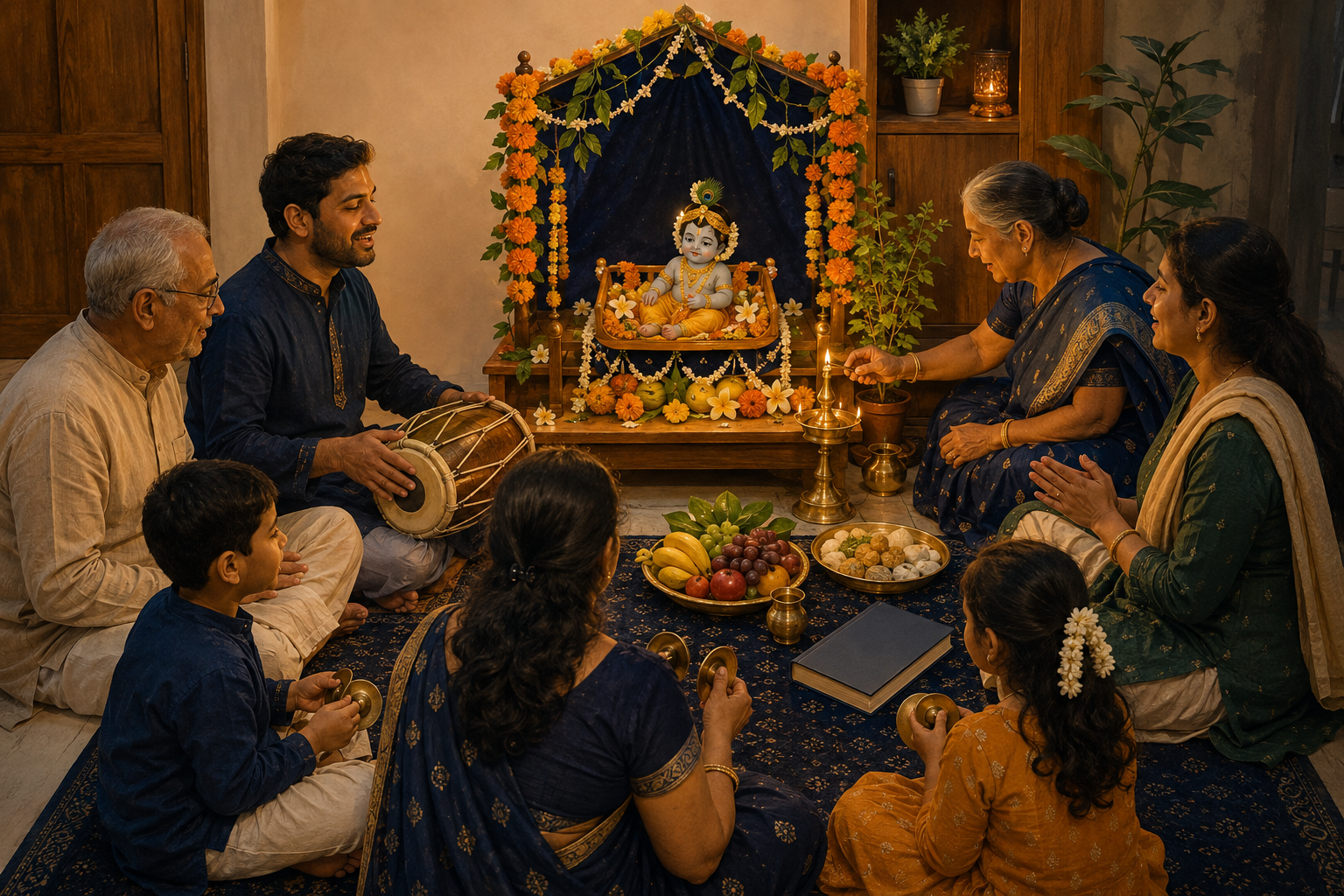 Flower-garlanded Radha and Krishna deity forms stand on a brightly illuminated Janmastami altar with brass lamps and floral offerings.
